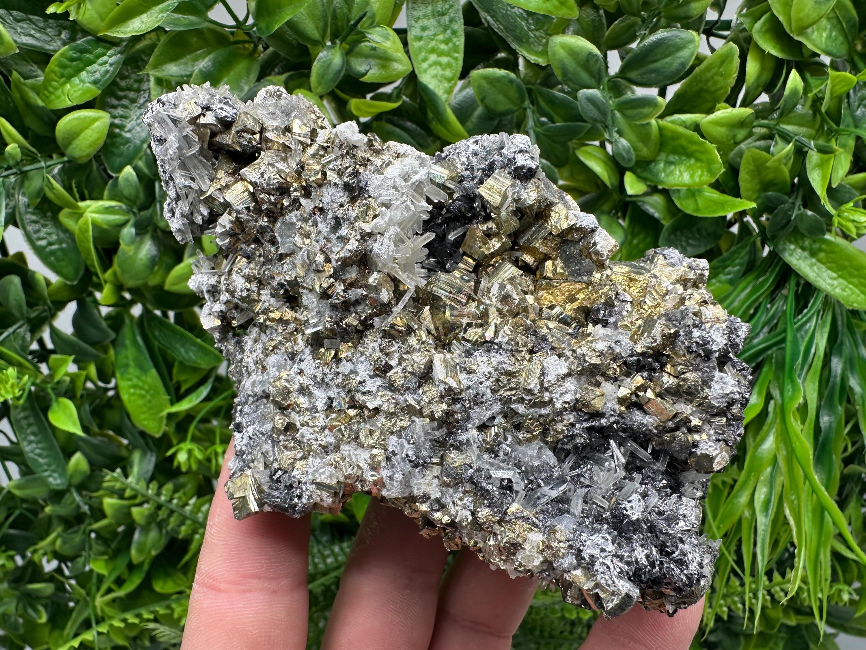 Rainbow Pyrite on Quartz with Oxide, Natural Minerals Decor, Borieva Bulgaria