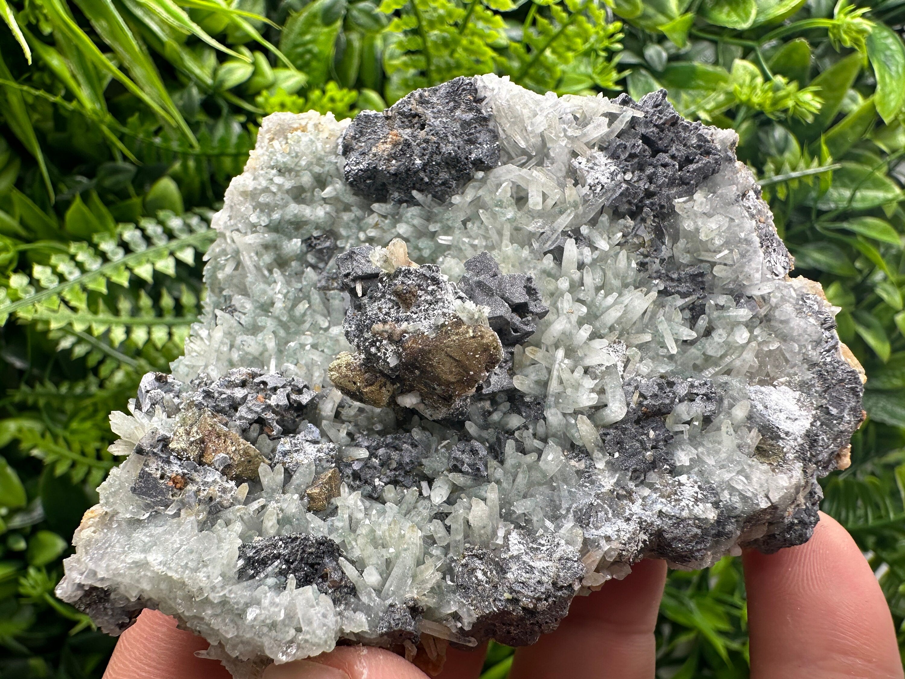 Chalcopyrite Galena on Green Quartz, Bulgaria Mineral Specimen