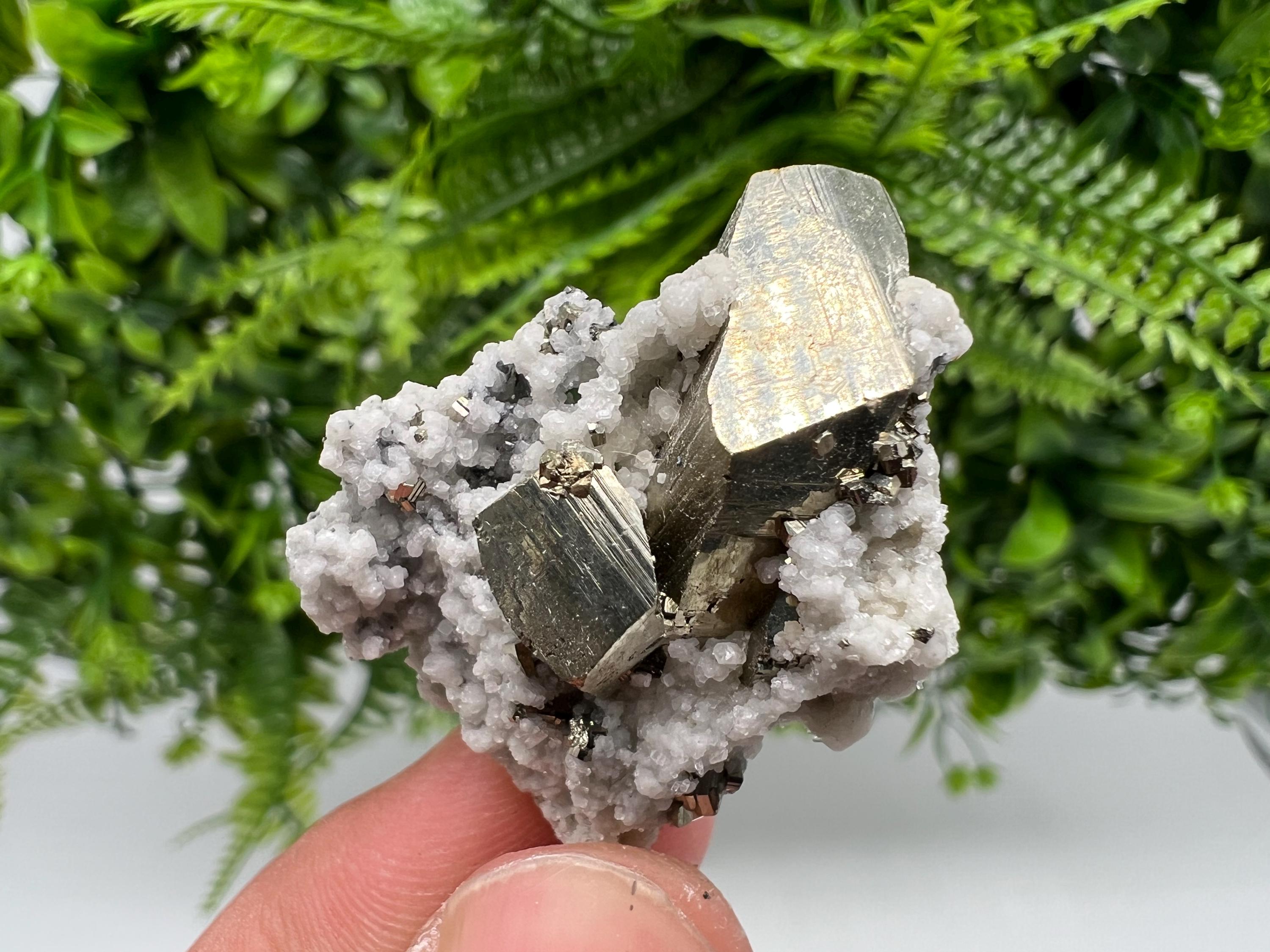 Pyrite on Quartz, Calcite, Bulgarian Mineral Specimen
