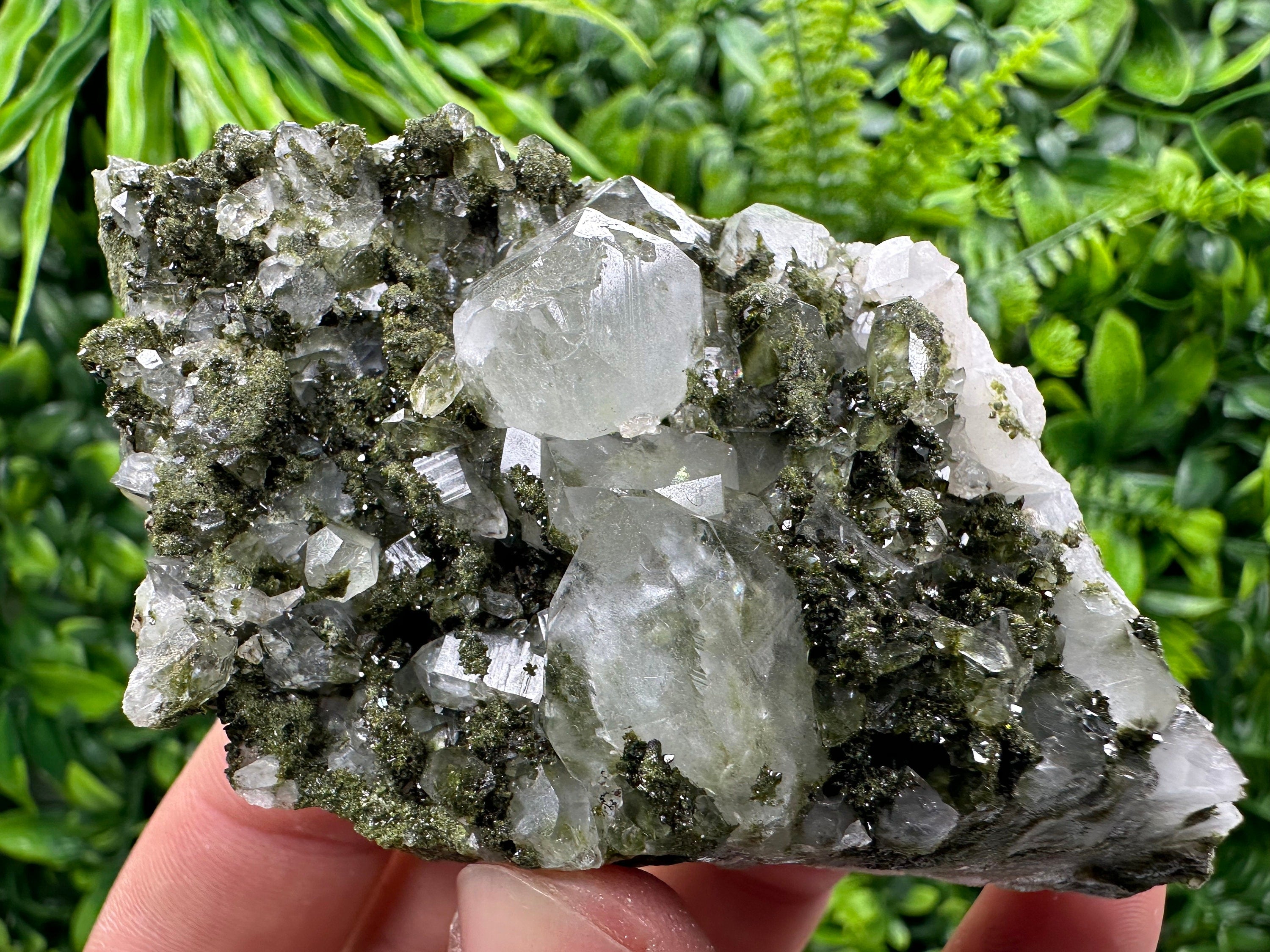 Rare Green Epidote with Quartz Crystals: Sparkly Rainbow Mineral Decor