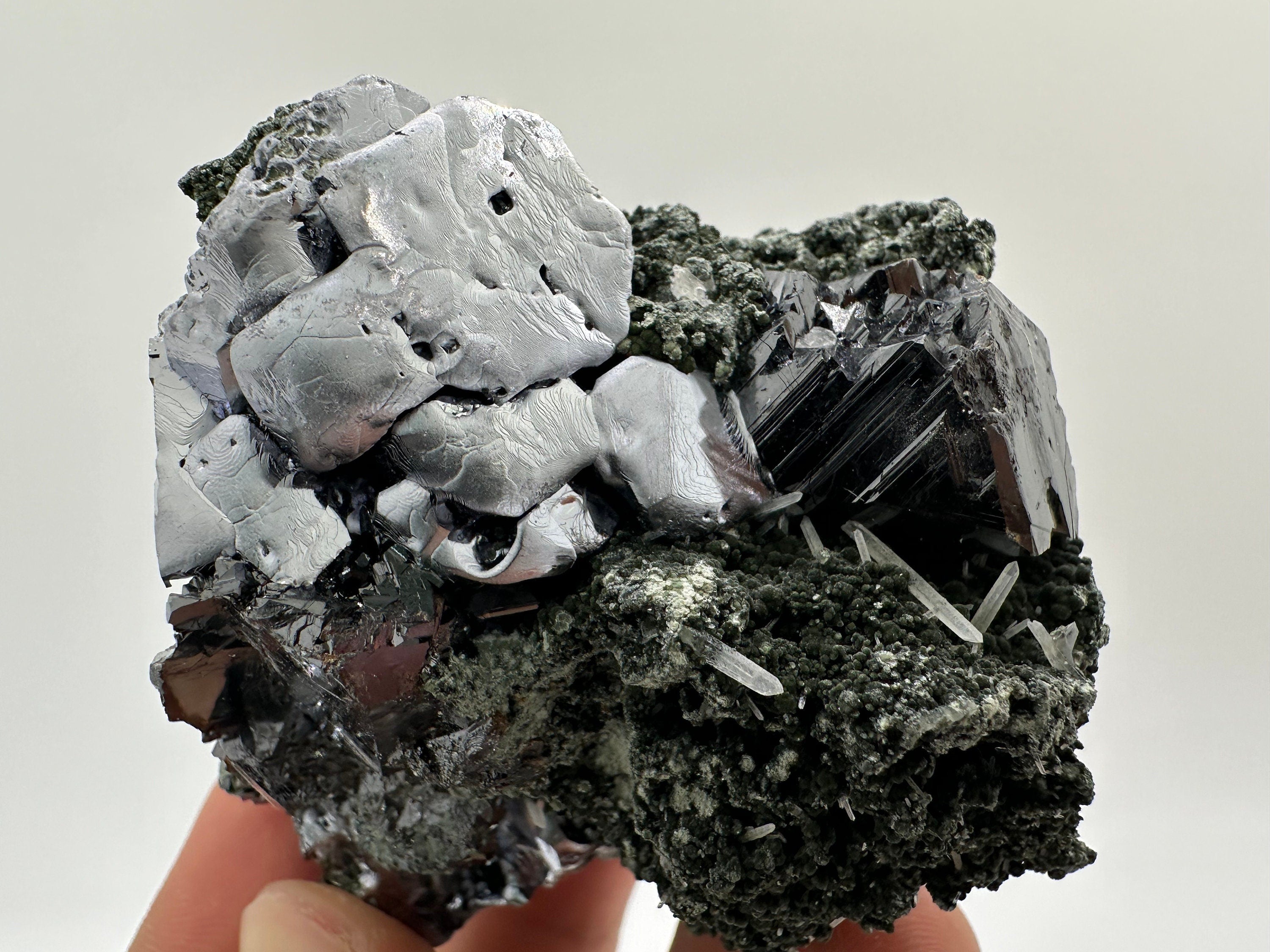 Galena, Calcite, Sphalerite on Quartz with Chlorite: Collection Mineral Decor
