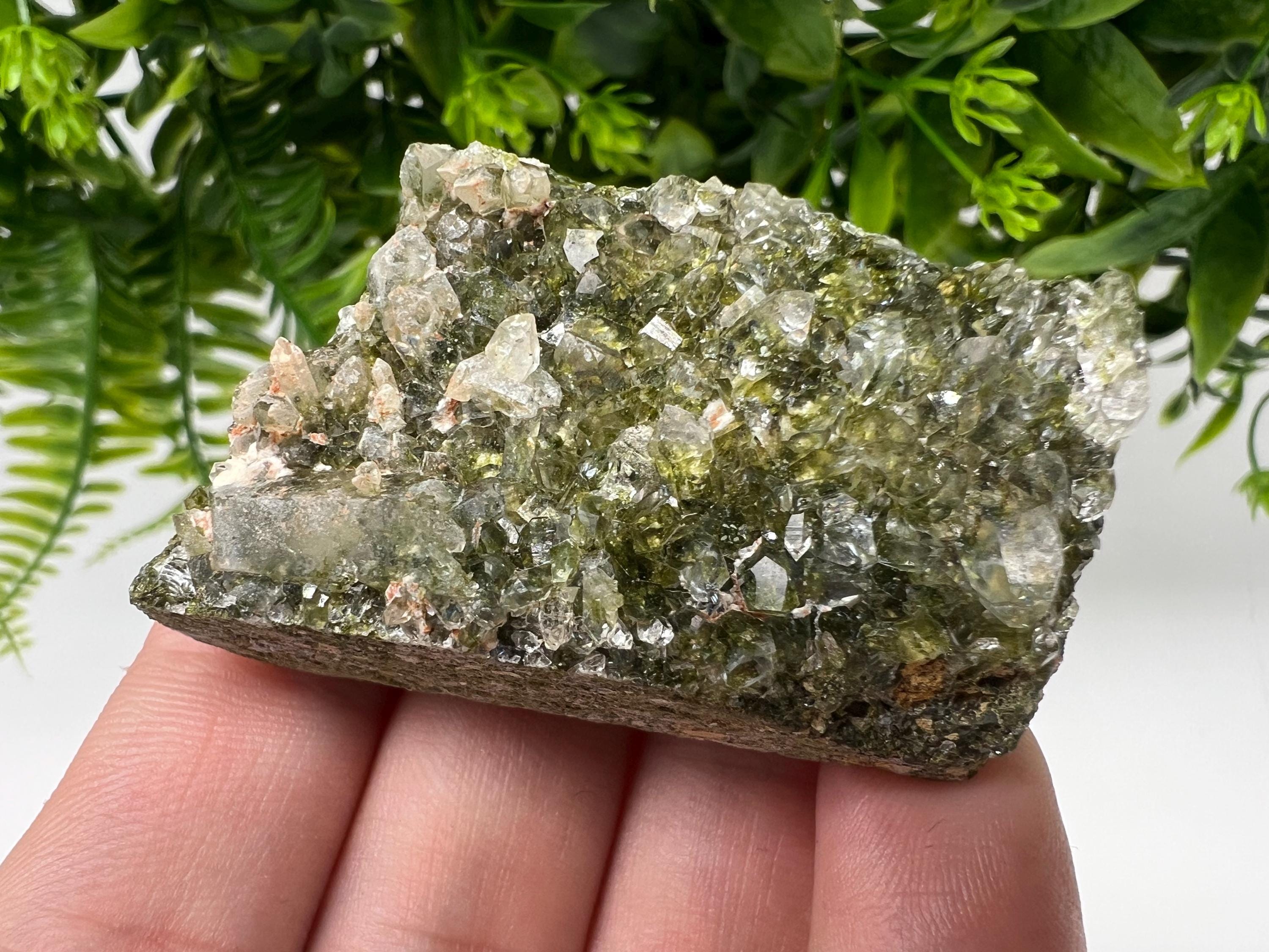 Rare Green Epidote with Quartz Crystals: Sparkly Rainbow Mineral Decor