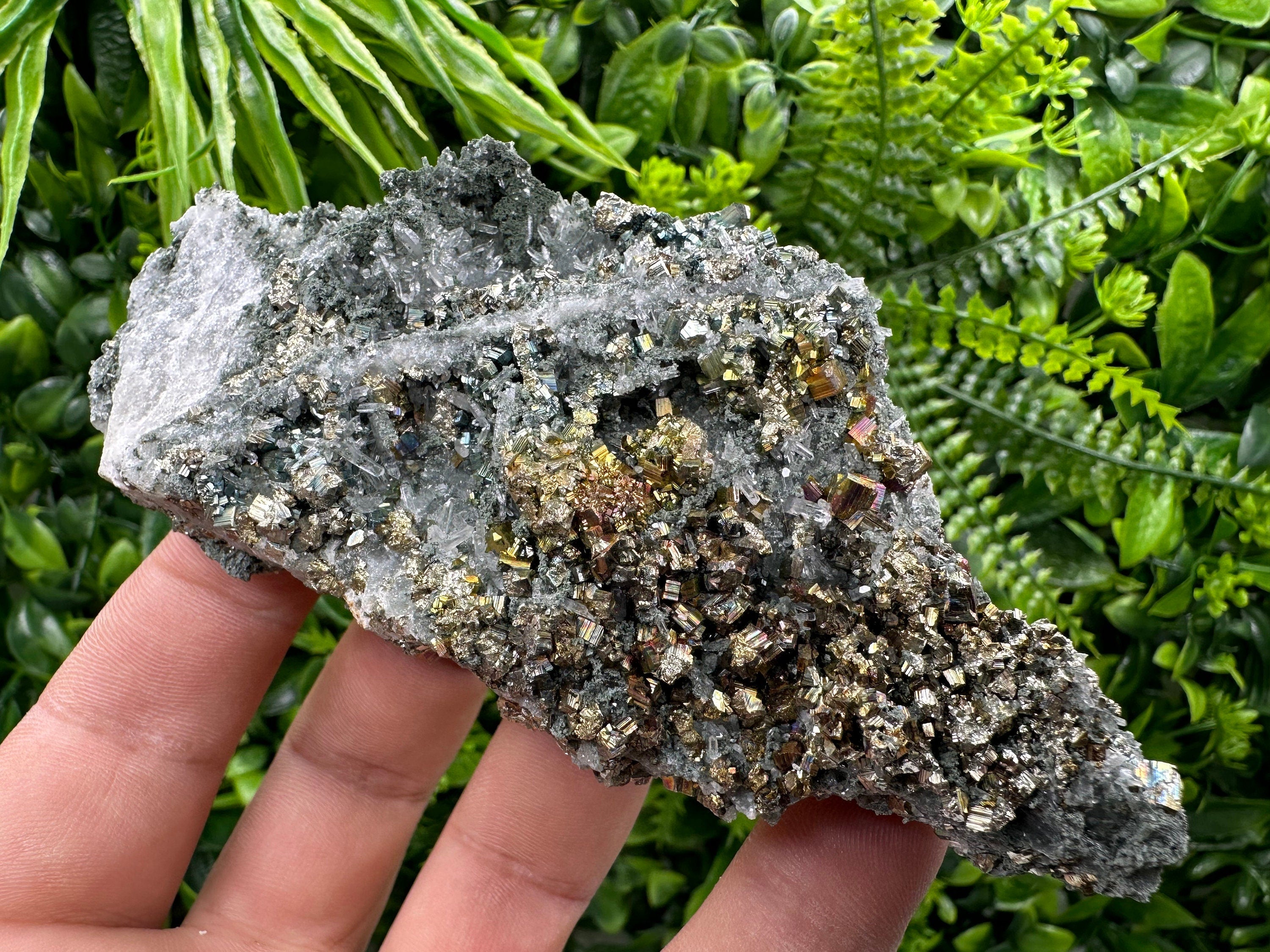 Pyrite on Green Quartz, Borieva Mine Bulgaria, Home Decor Stone