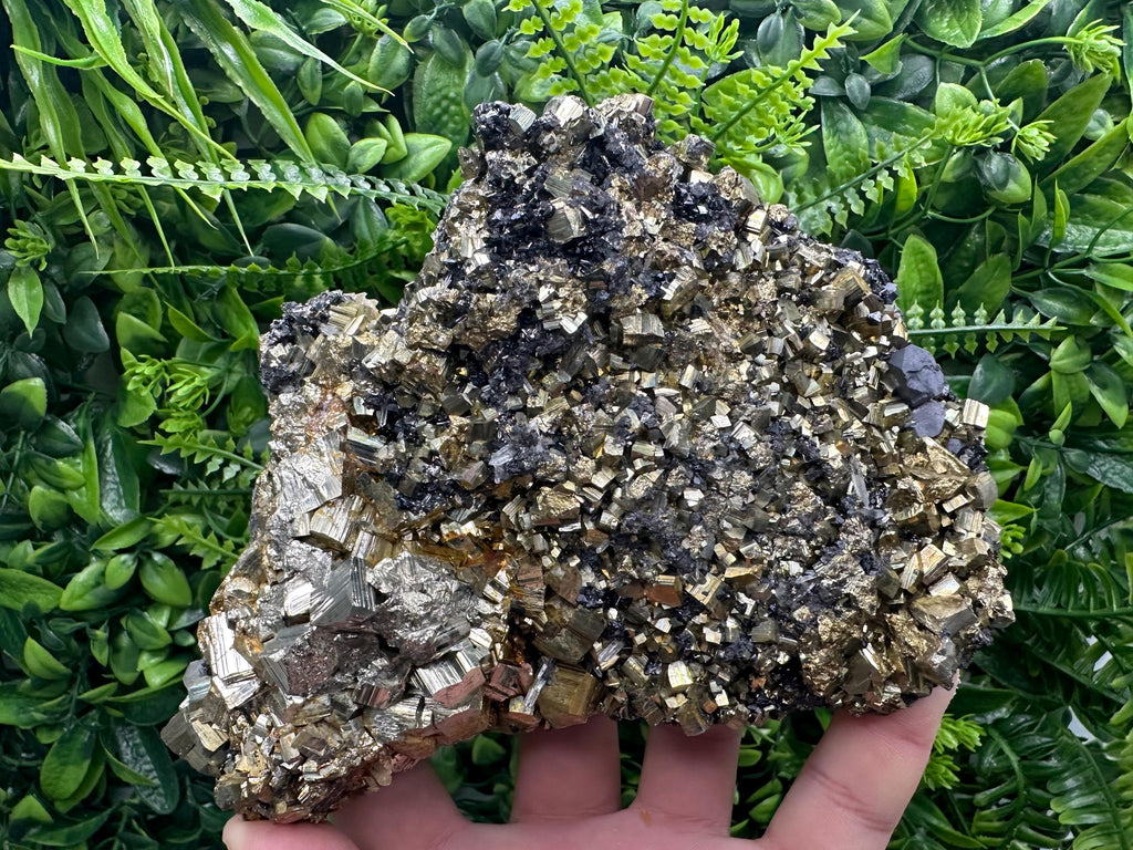 Rainbow Pyrite Cluster on Sphalerite, Borieva Mine Mineral Specimen
