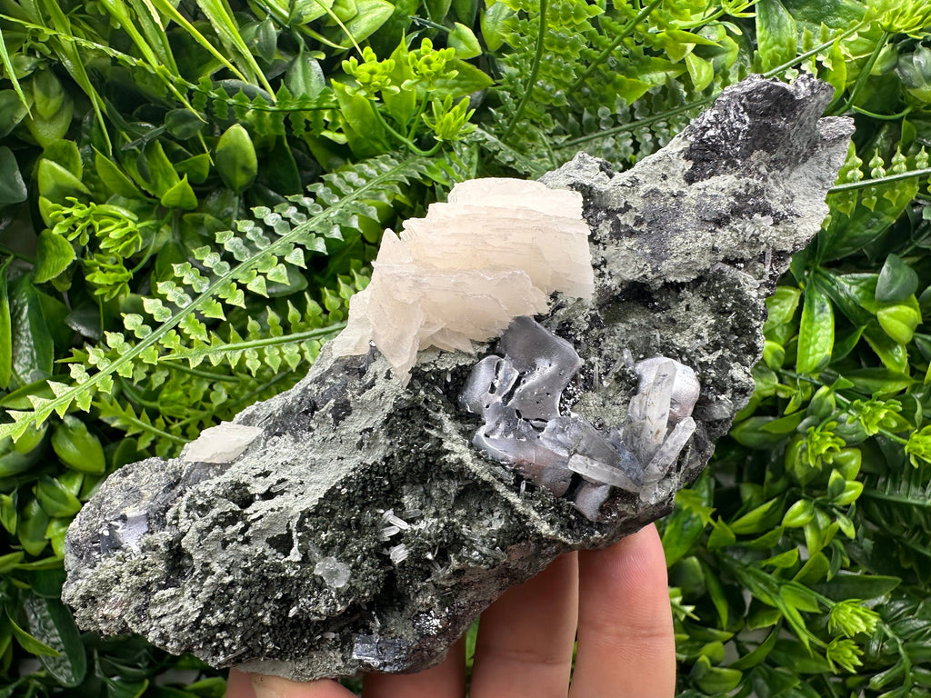 Galena Calcite on Quartz Cluster, Borieva Mine Mineral Specimen
