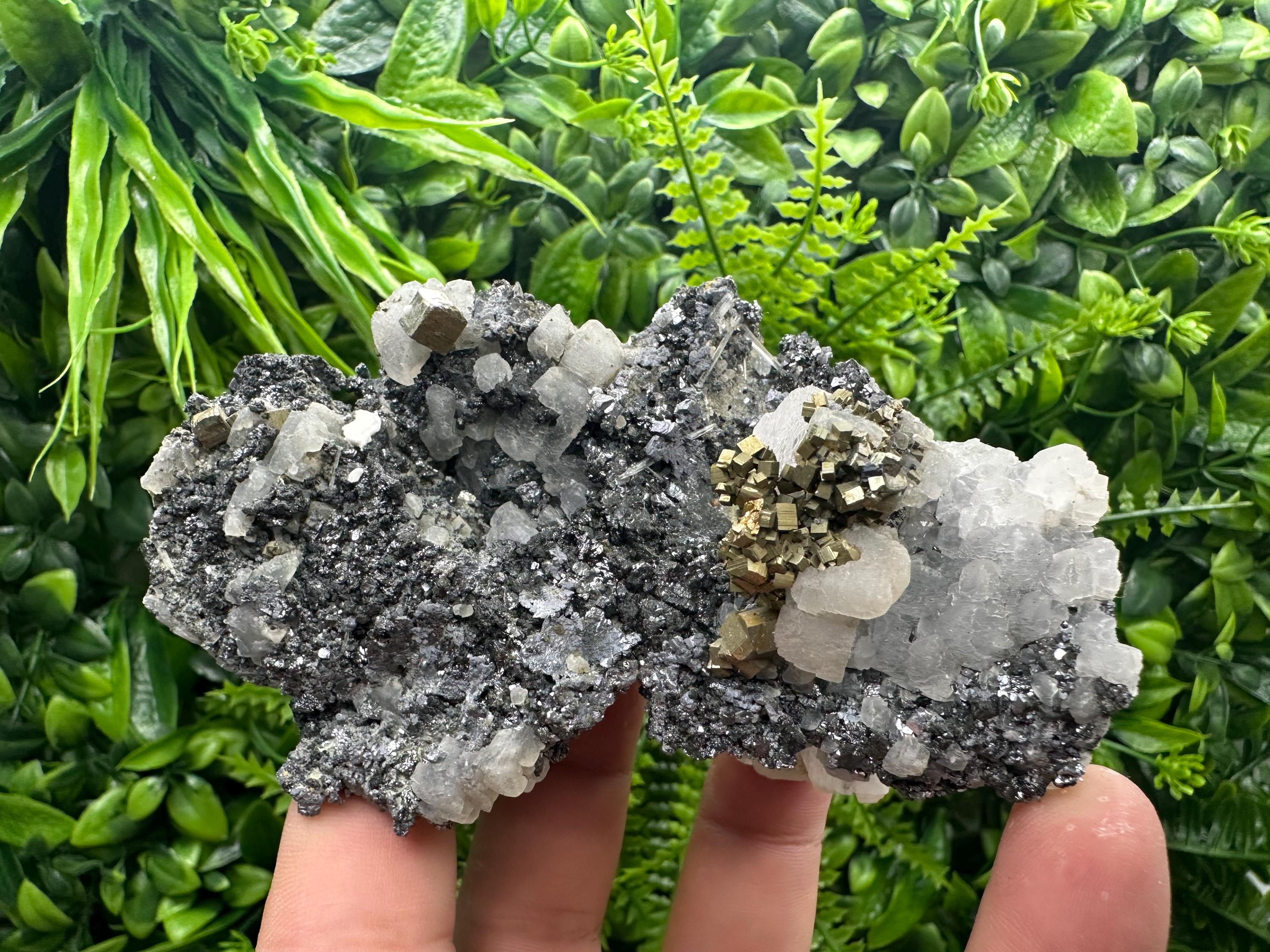 Calcite Quartz Pyrite on Sphalerite, Natural Mineral Specimen
