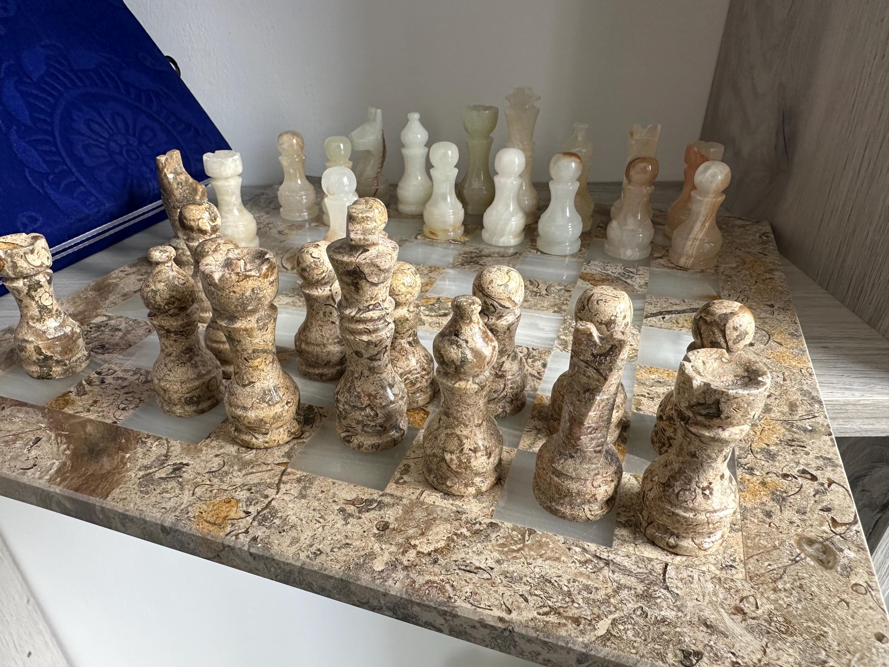 Handmade Onyx & Fossil Chess Set with Chessboard