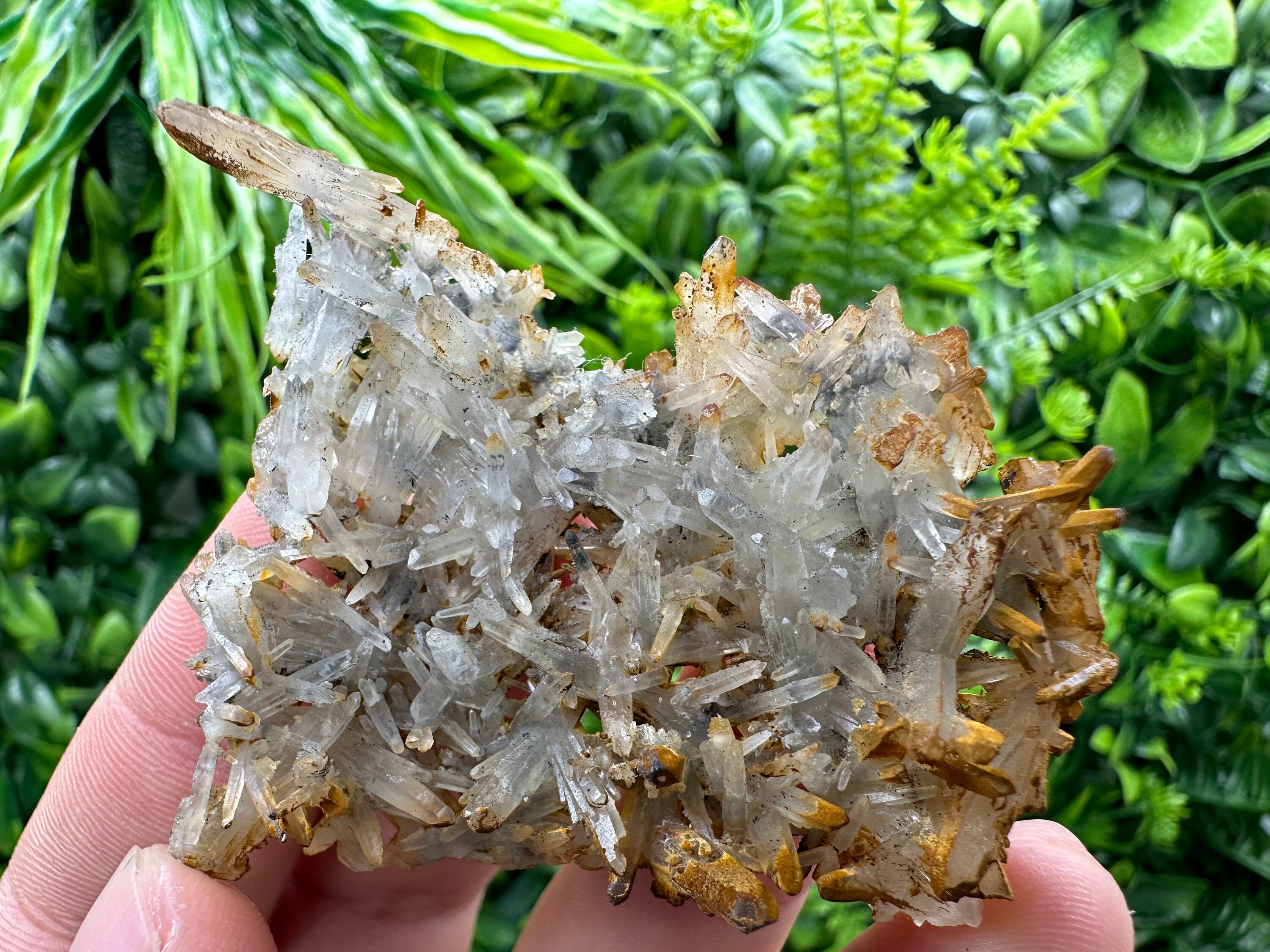 Quartz Crystal Cluster with Limonite, Iron Oxide Mineral Specimen