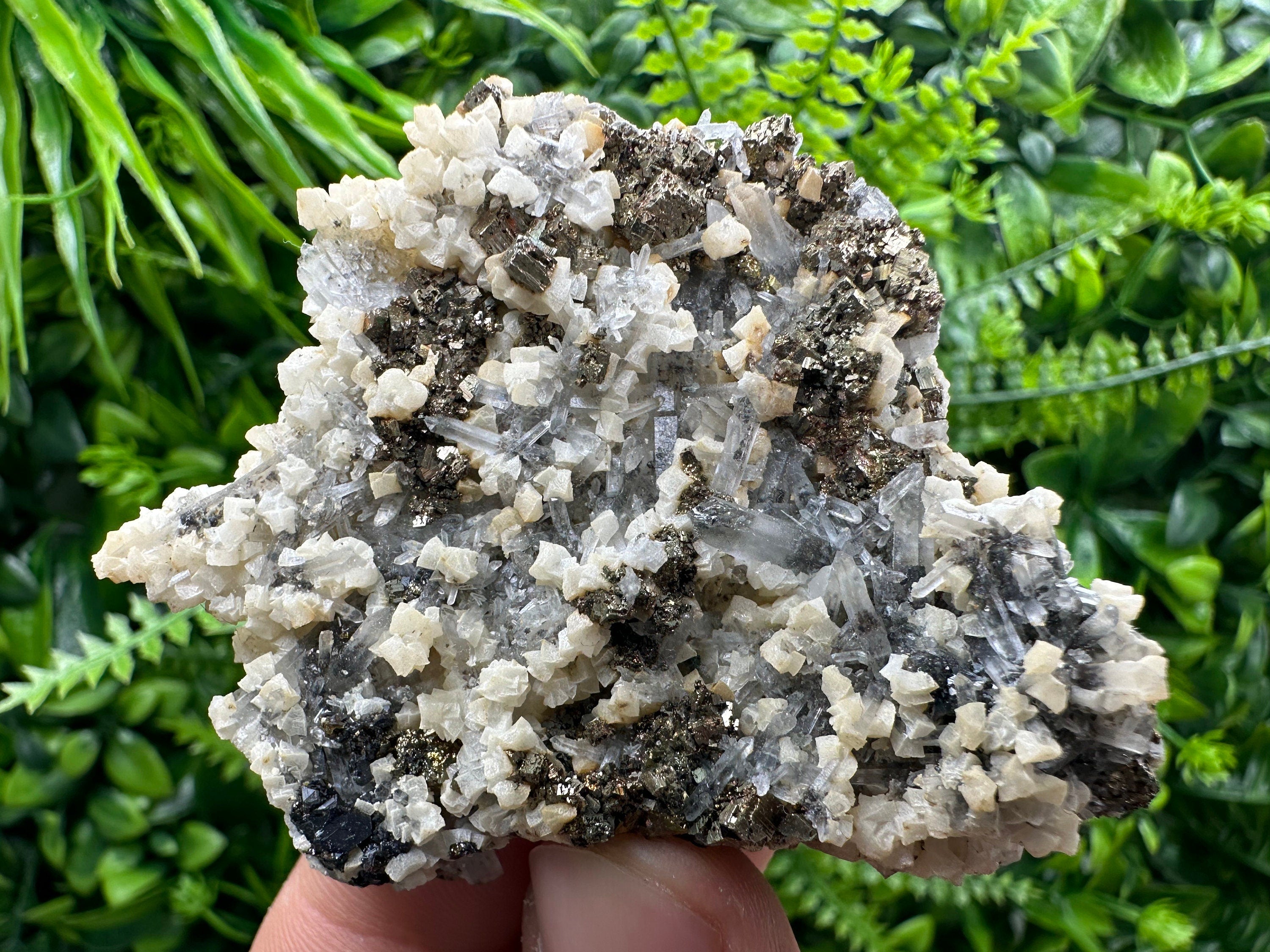 Pyrite, Calcite, Sphalerite on Quartz, Borieva Mine, Bulgaria