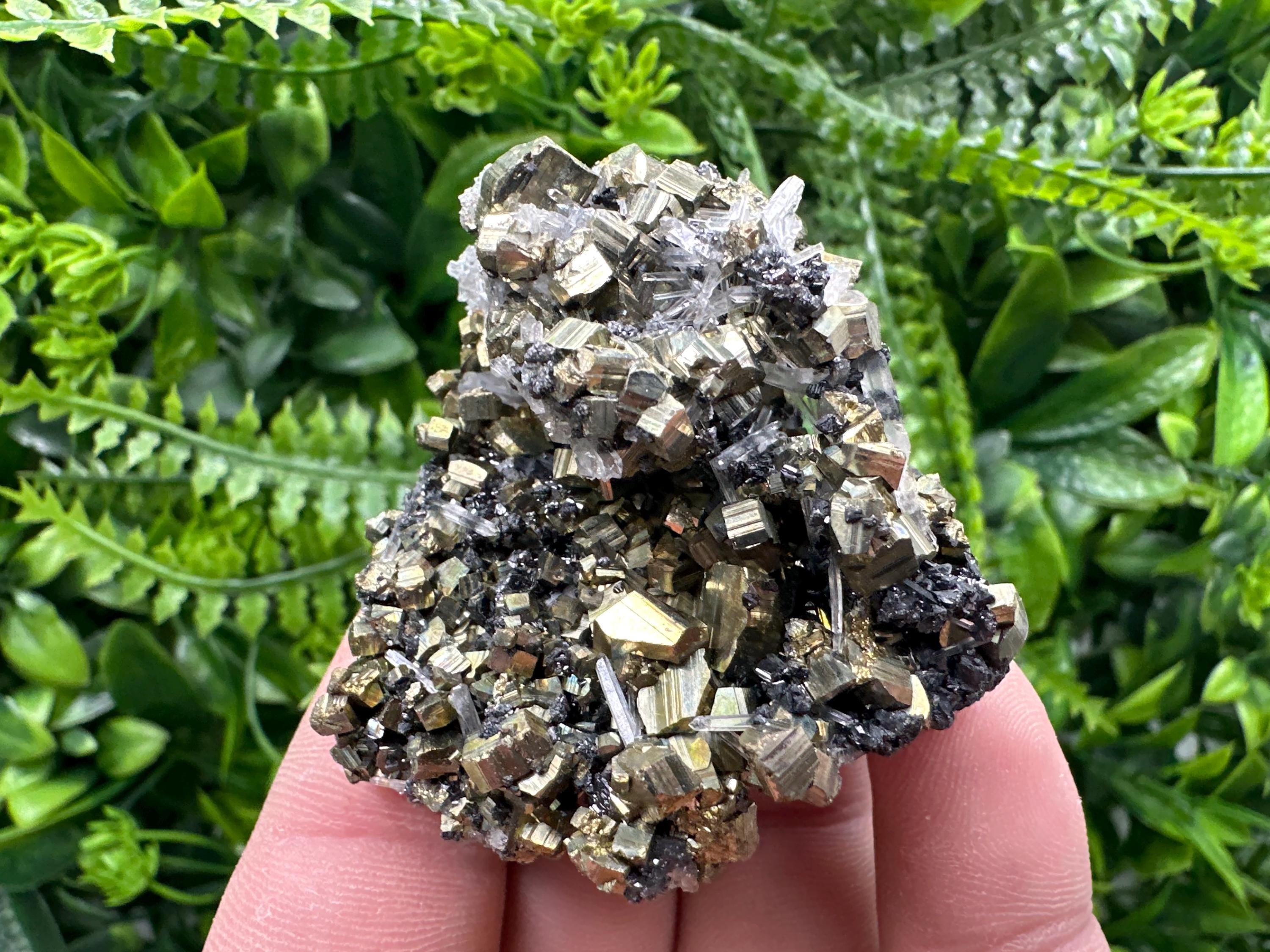 Rainbow Pyrite Cluster on Sphalerite Quartz, Bulgaria Mineral Specimen