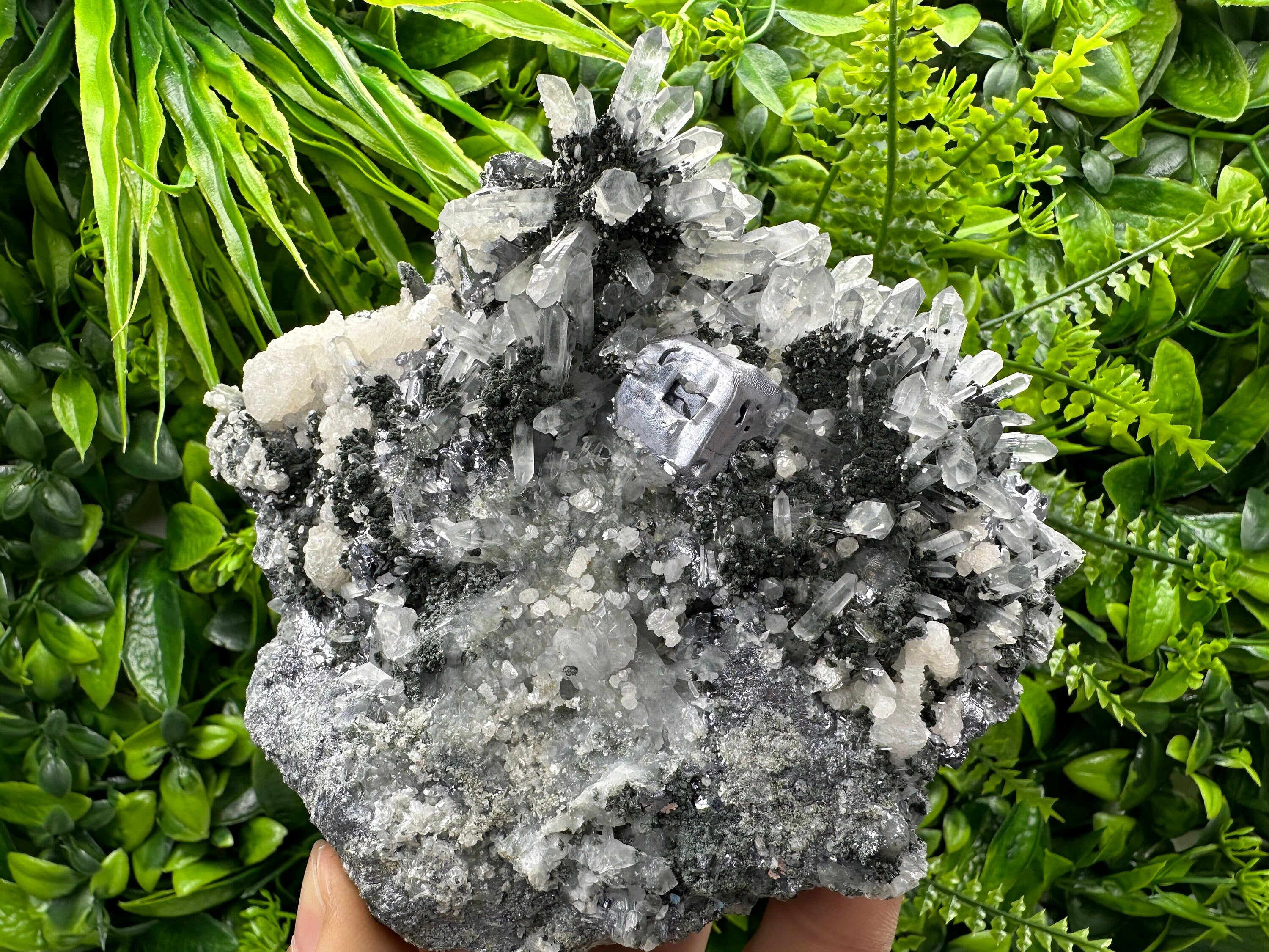 Galena on Quartz with Chlorite and Calcite: Natural Crystal Decor