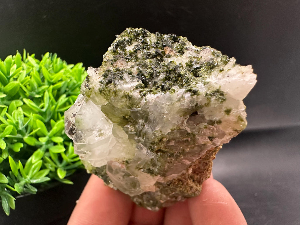 Rare Green Epidote with Quartz Crystals: Sparkly Rainbow Mineral Decor