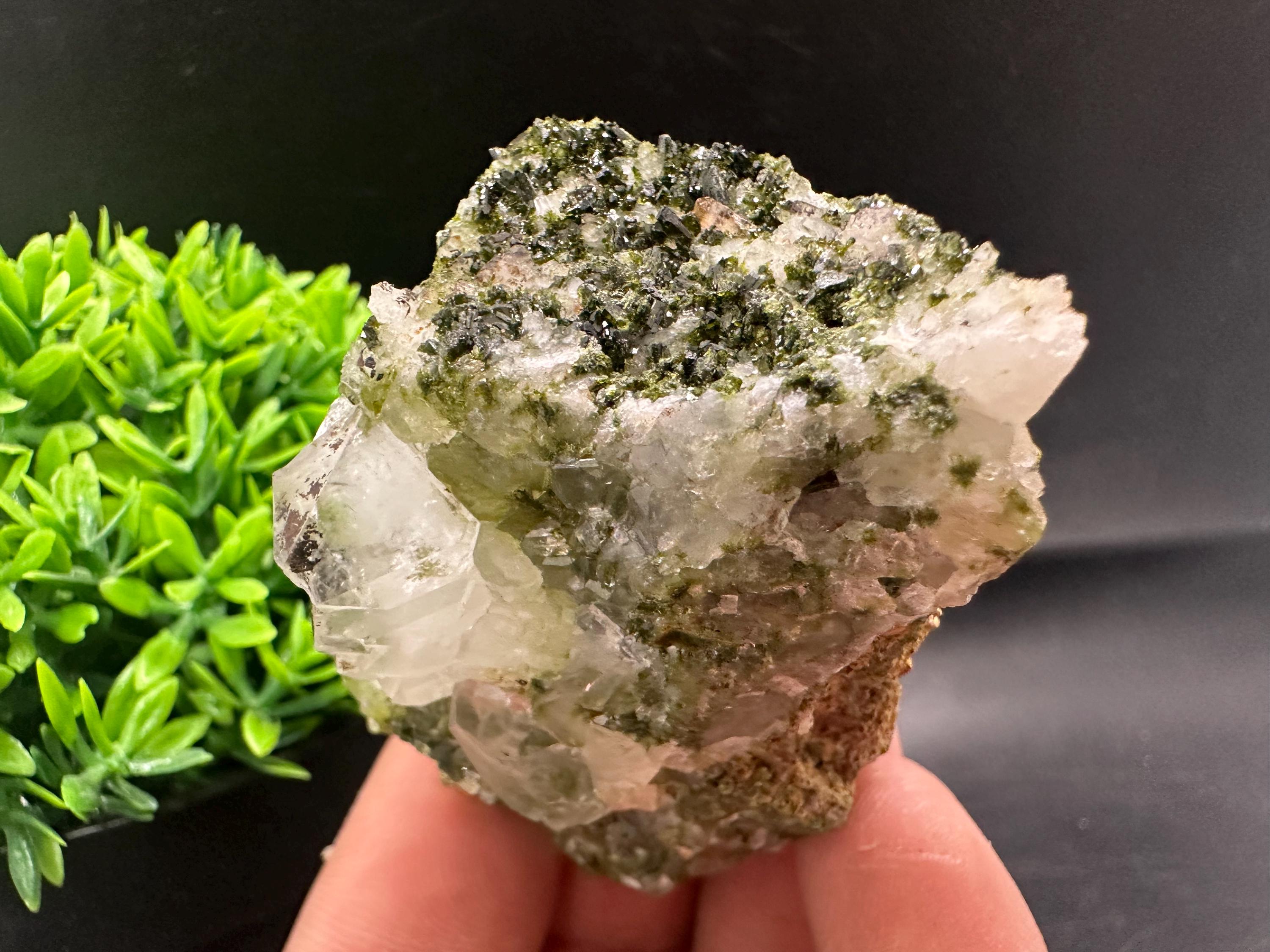 Rare Green Epidote with Quartz Crystals: Sparkly Rainbow Mineral Decor