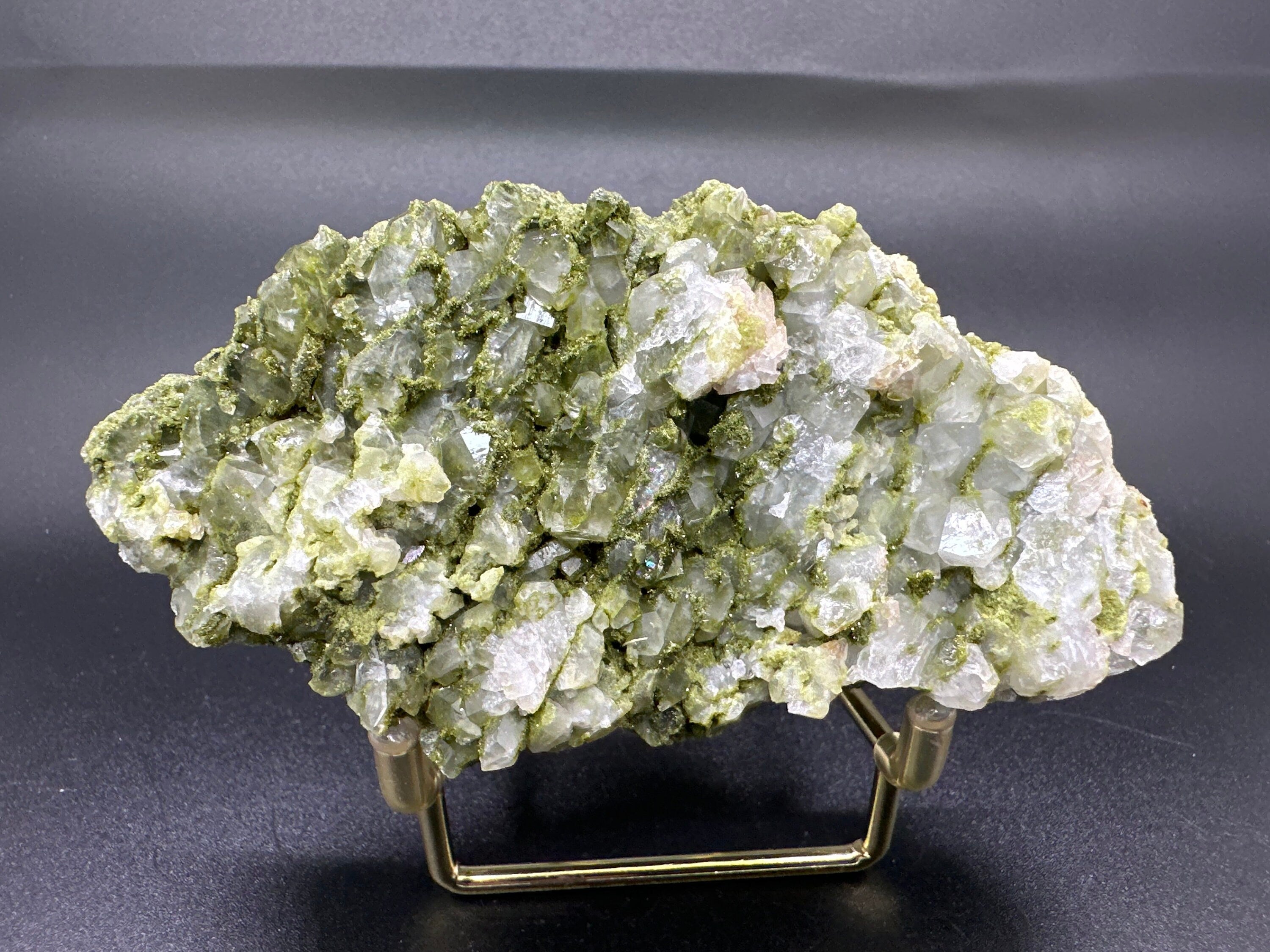 Rare Green Epidote with Quartz Crystals: Sparkly Rainbow Mineral Decor