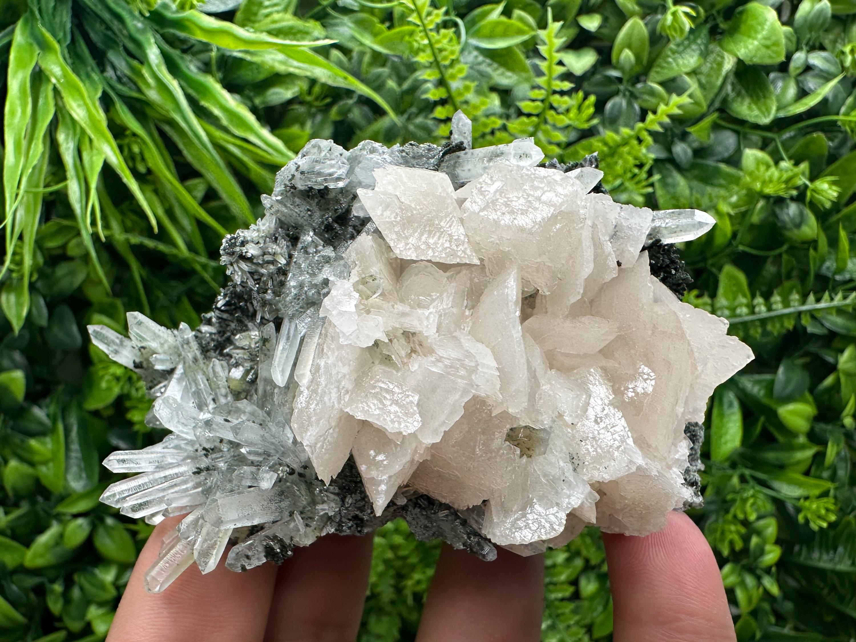 Calcite on Quartz with Chlorite, Borieva Mine Mineral Specimen