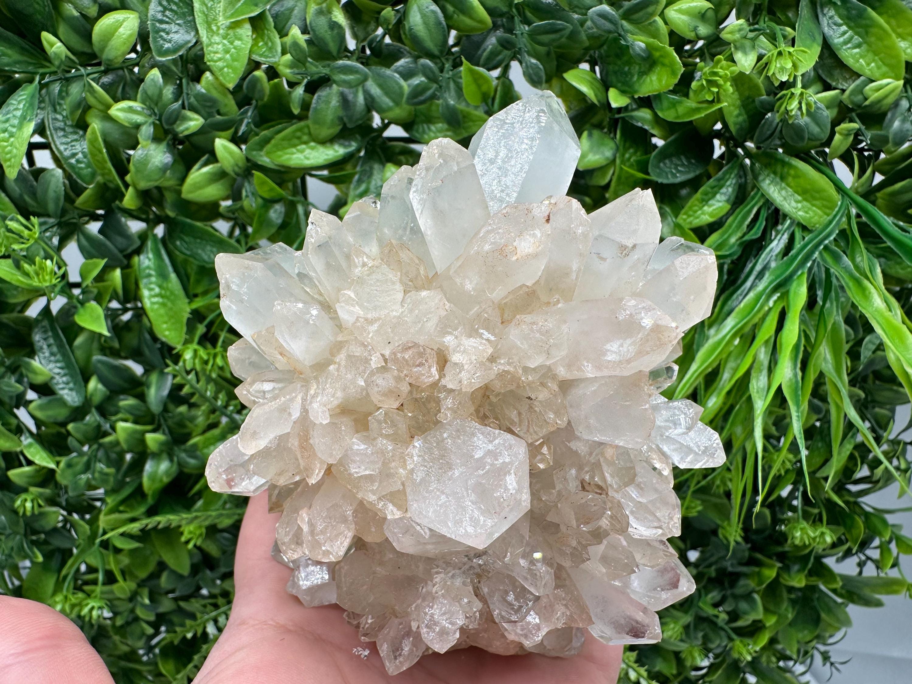 Large Green Epidote with Quartz Crystals: Sparkly Rainbow Stone Decor