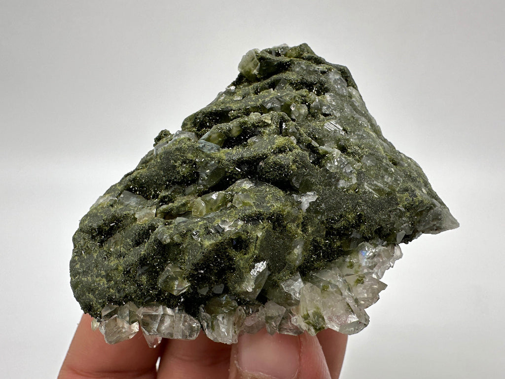 Rare Green Epidote with Quartz Crystals: Sparkly Rainbow Mineral Decor