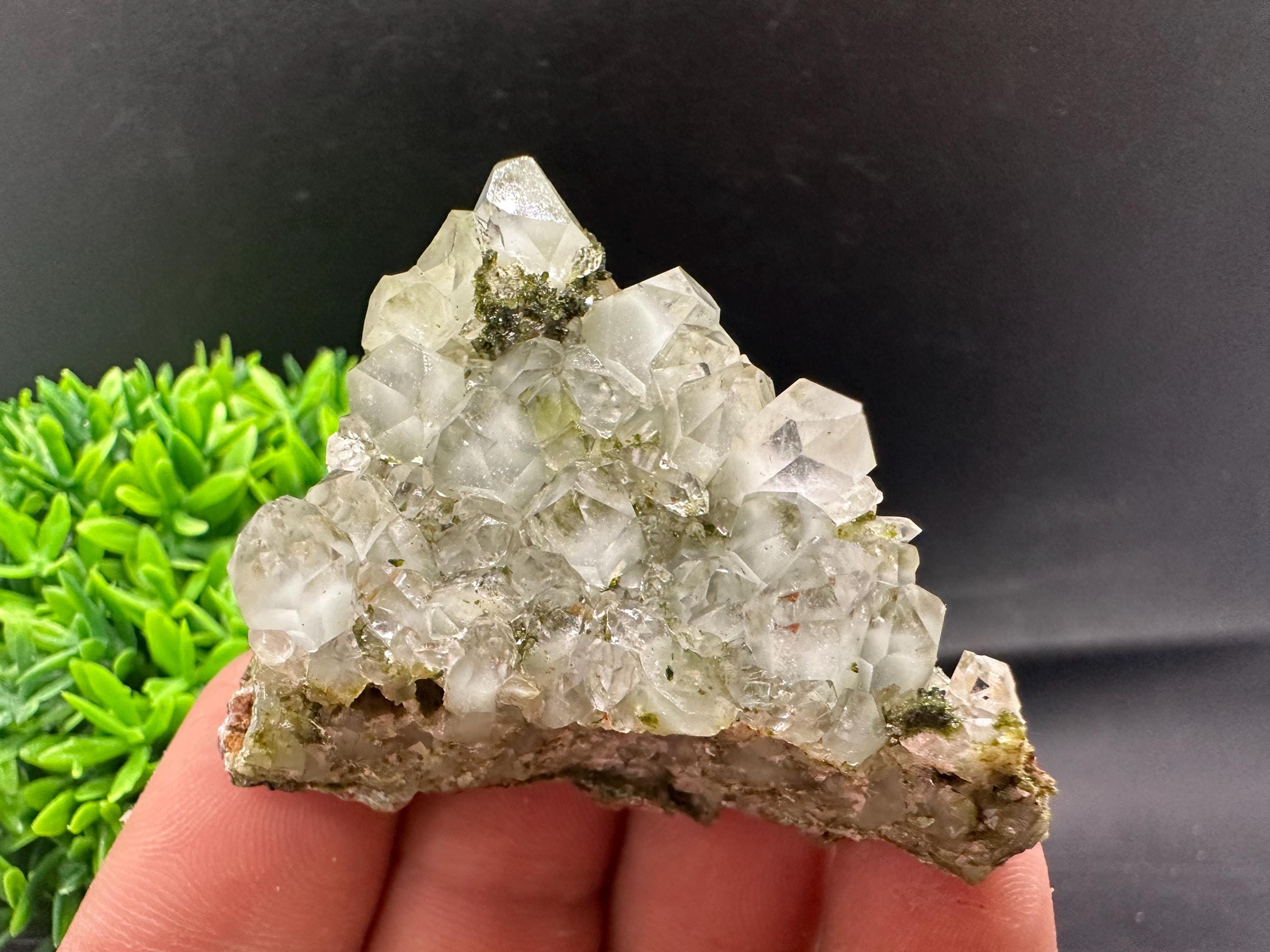 Rare Green Epidote with Quartz Crystals: Sparkly Rainbow Mineral Decor