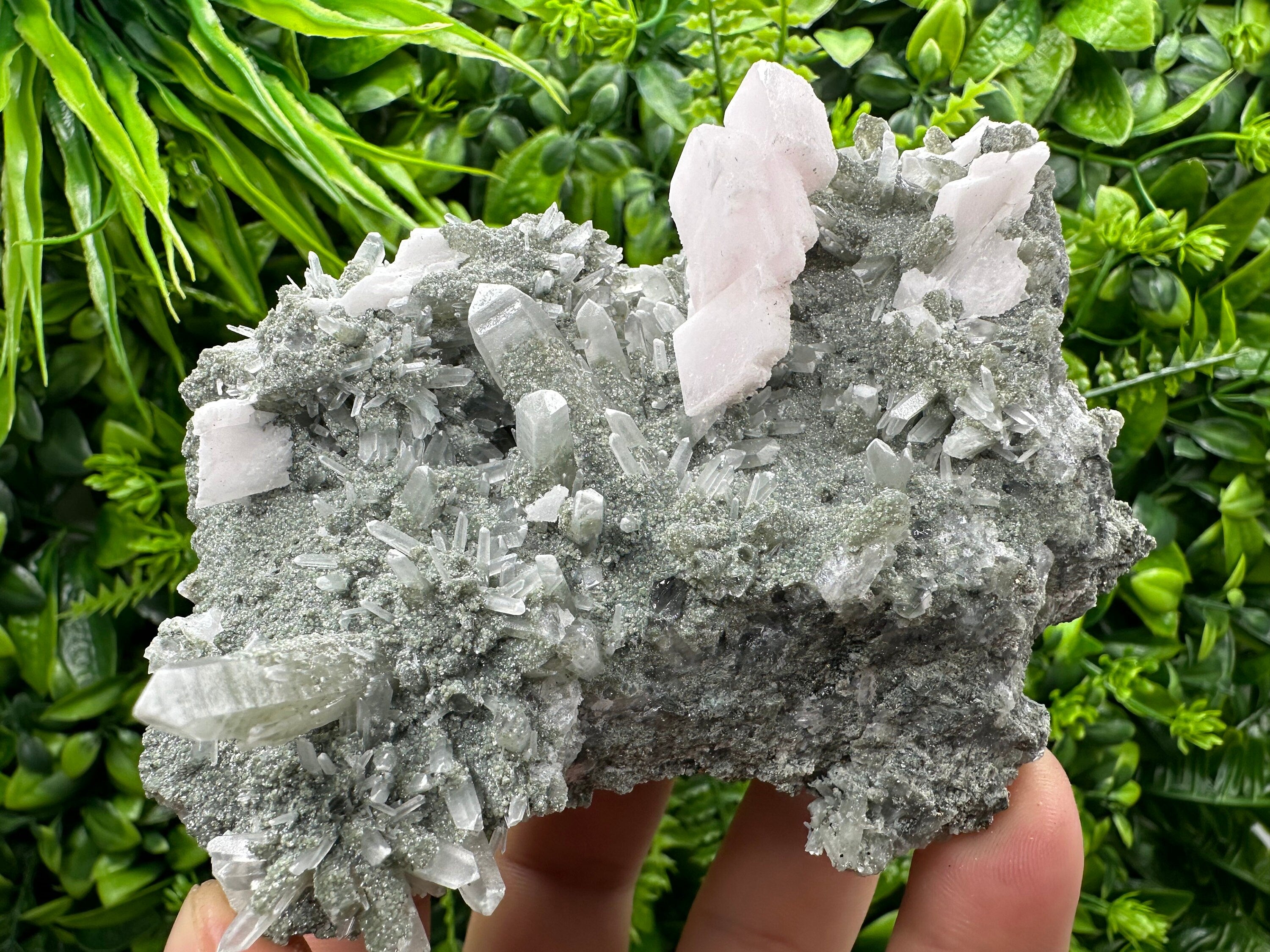 Mangano Calcite on Quartz with Chlorite, Borieva Mine Mineral Specimen
