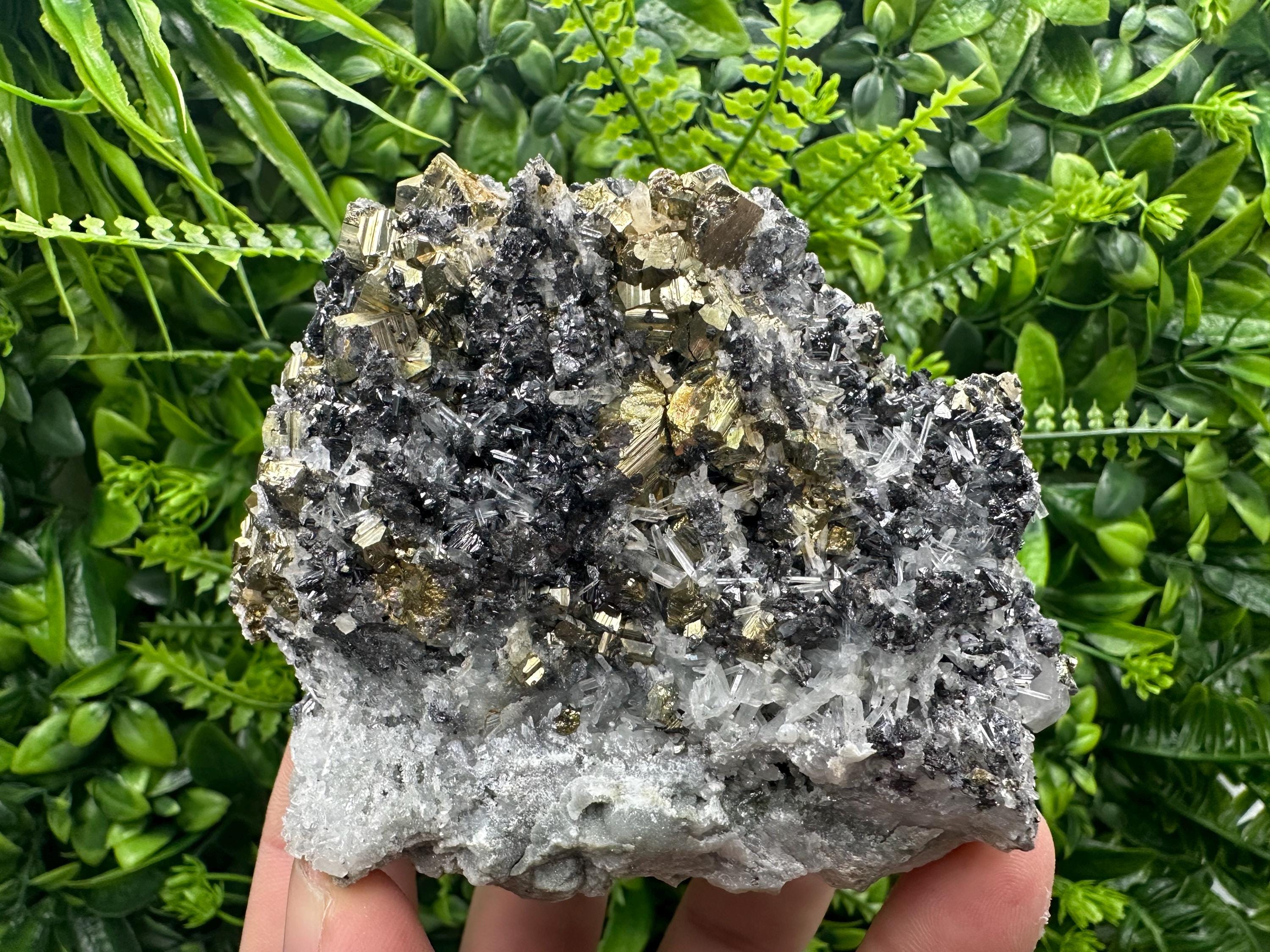 Rainbow Pyrite Cluster on Sphalerite Quartz, Borieva Mine Bulgaria
