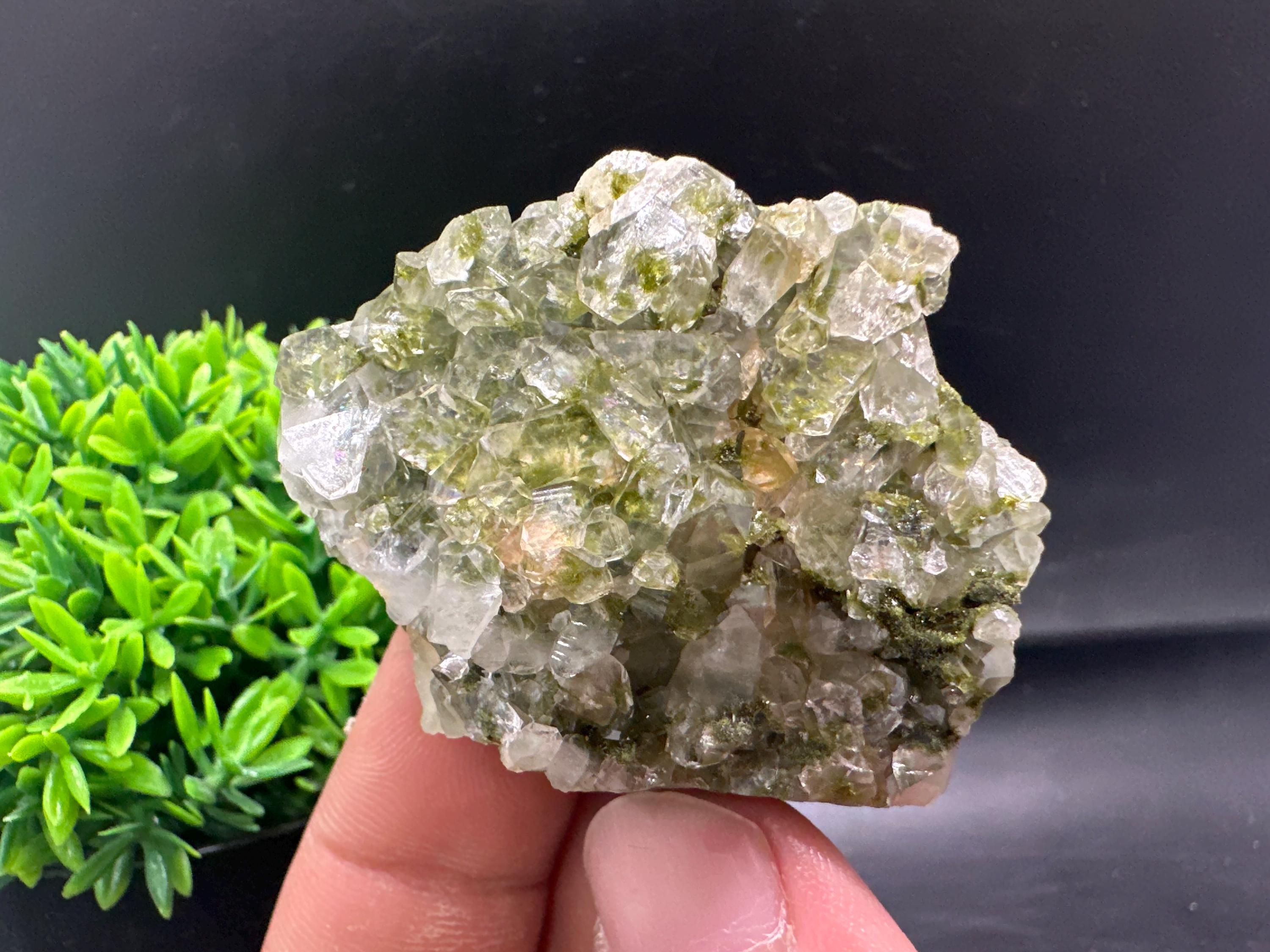 Rare Green Epidote with Quartz Crystals: Sparkly Rainbow Mineral Decor