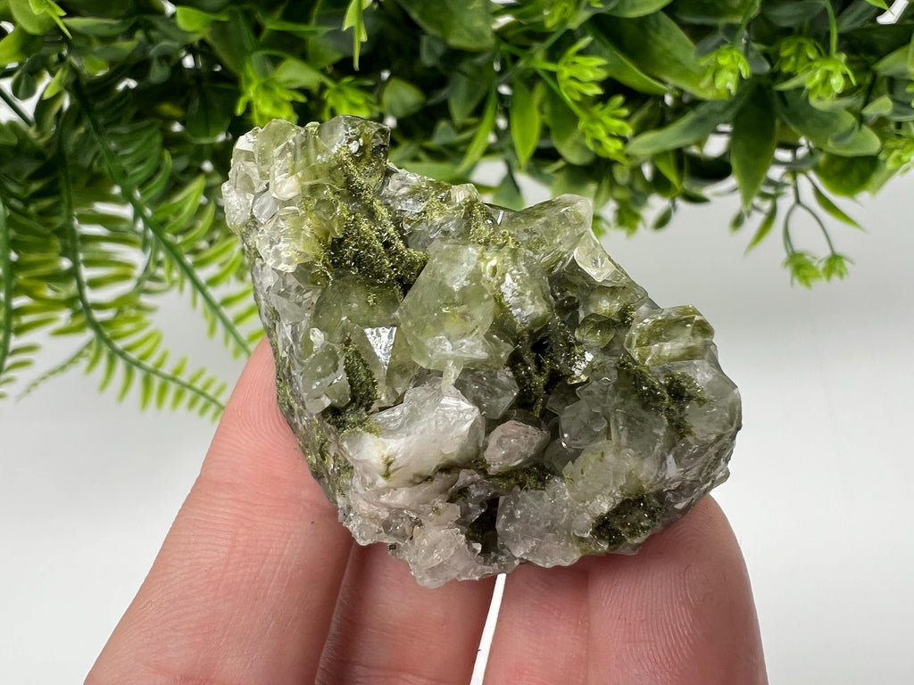 Green Epidote with Quartz Crystals: Sparkly Rainbow Stone, Turkey