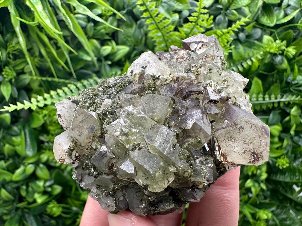 Rare Green Epidote with Quartz Crystals: Sparkly Rainbow Mineral Decor