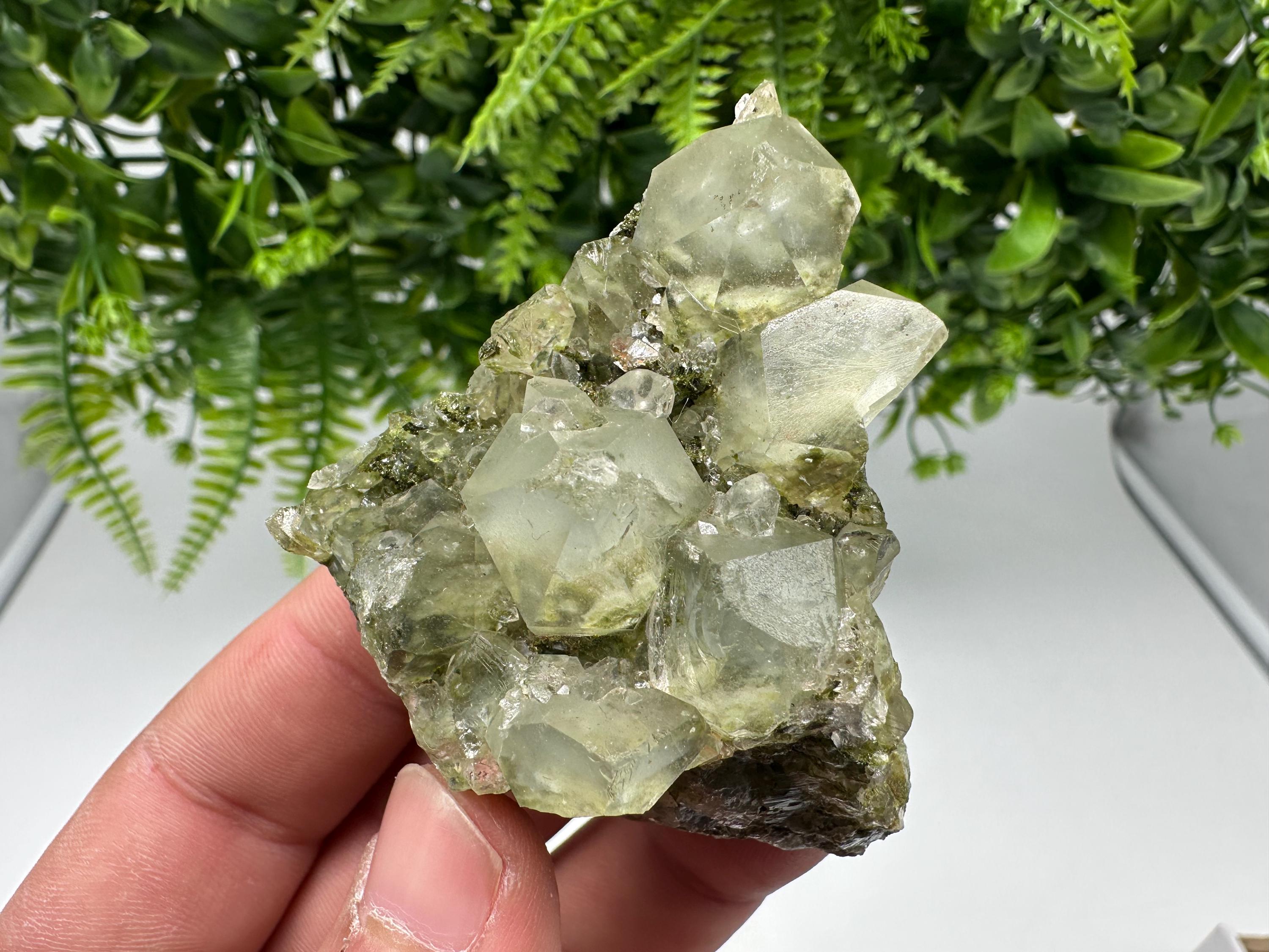 Rare Green Epidote with Quartz Crystals: Sparkly Rainbow Stone Decor