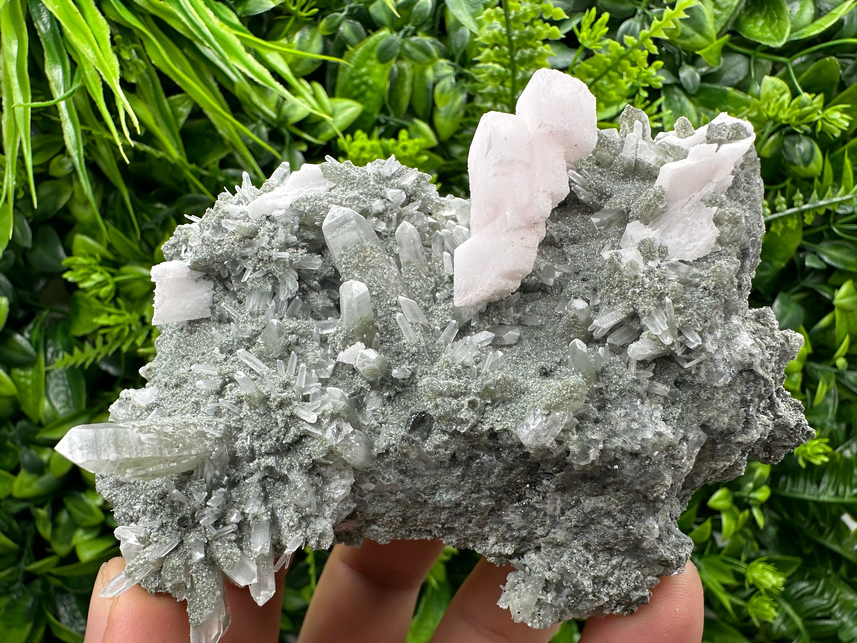 Mangano Calcite on Quartz with Chlorite, Borieva Mine Mineral Specimen