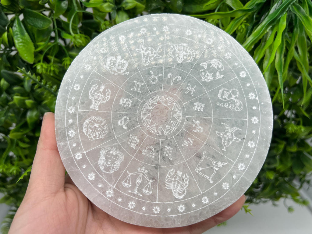 Engraved Selenite Zodiac Disc: Energy Crystal Healing Decor (14cm)