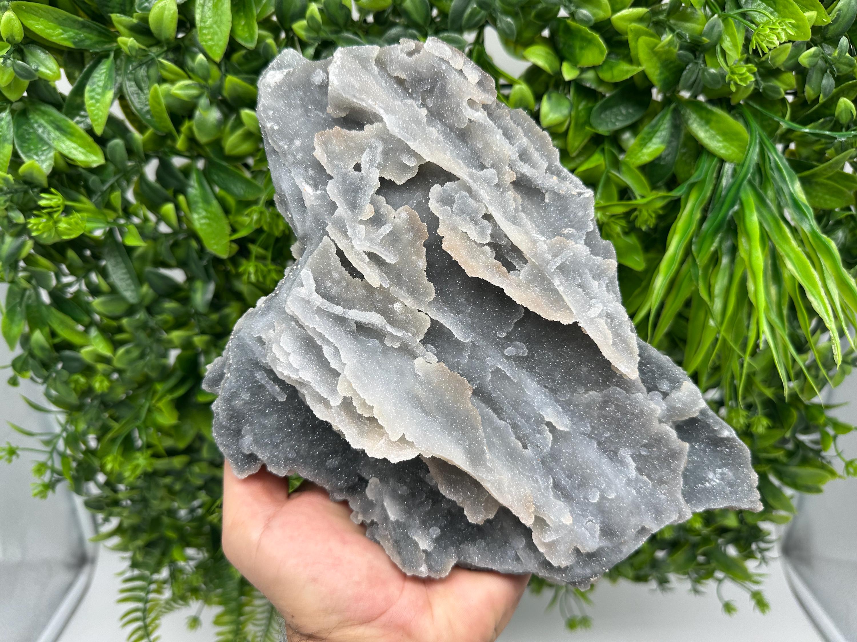 Large Blue Chalcedony Quartz Cluster: Chlorite Inclusions, Home Decor Stone