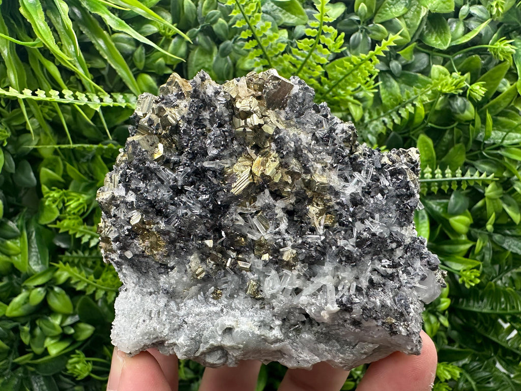 Rainbow Pyrite Cluster on Sphalerite Quartz, Borieva Mine Bulgaria