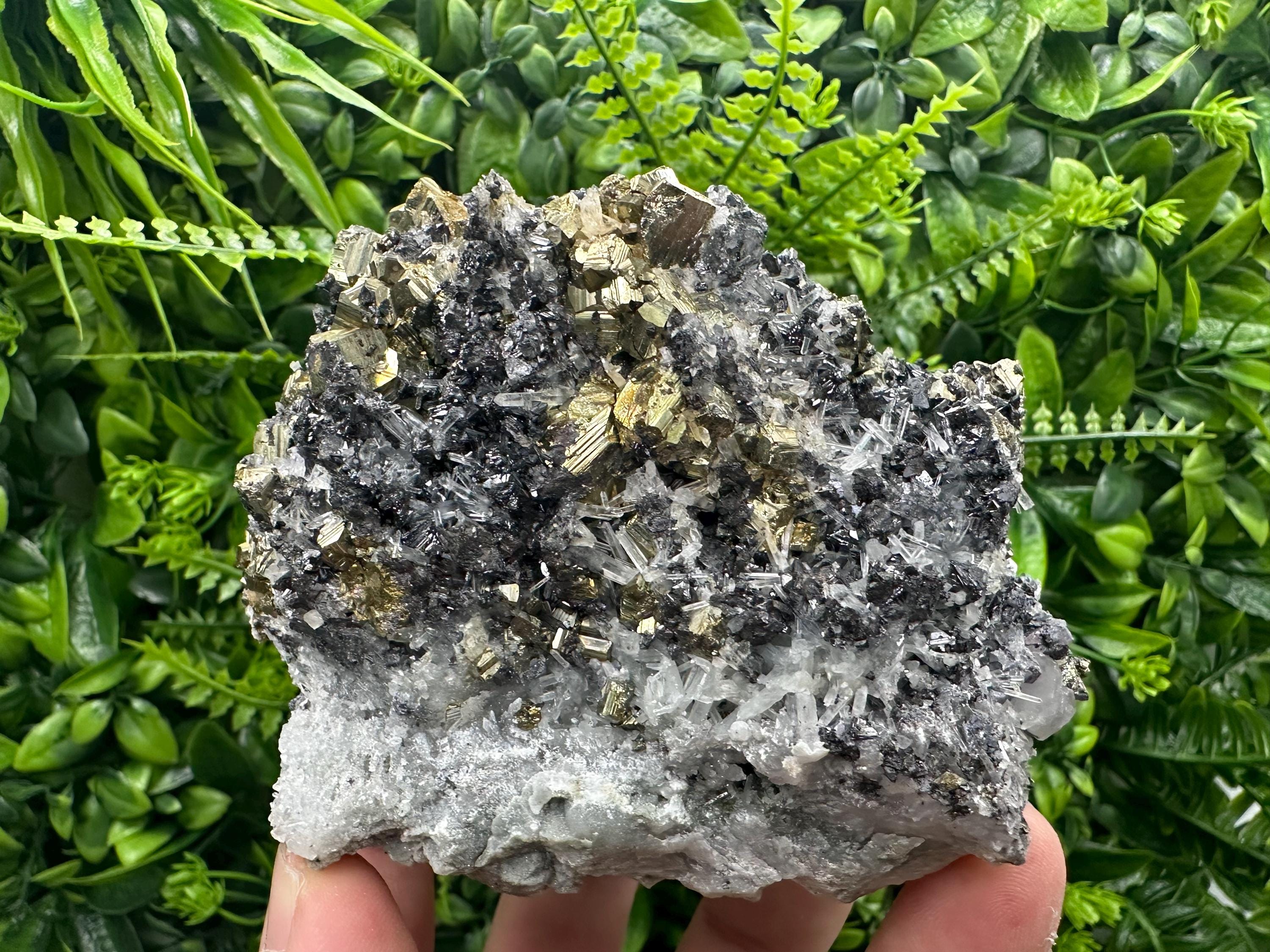 Rainbow Pyrite Cluster on Sphalerite Quartz, Borieva Mine Bulgaria
