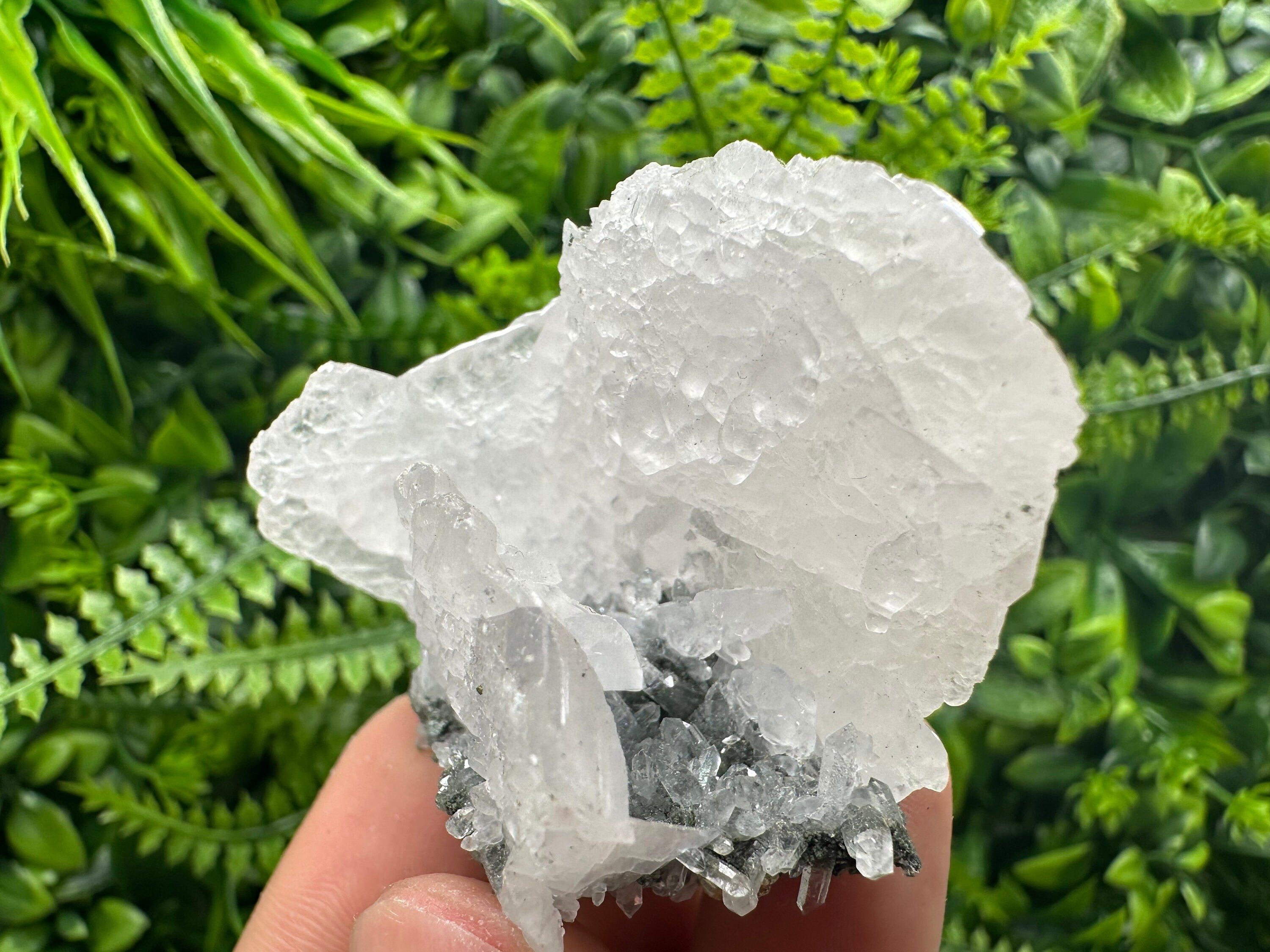 Calcite on Green Quartz: Djurcovo Mine, Bulgaria