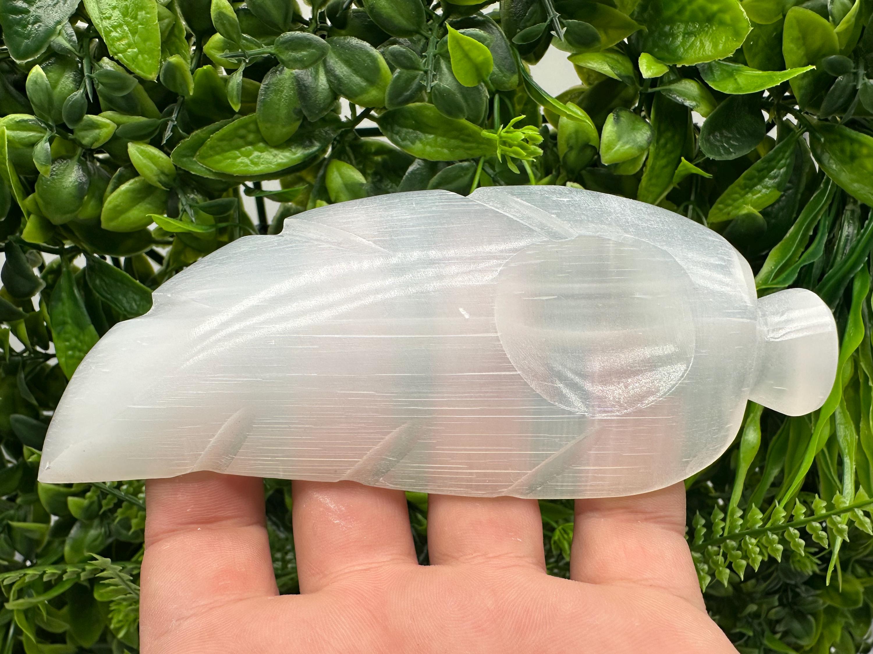 Hand Carved Selenite Leaf Jewelry Holder: Reiki Healing Crystal