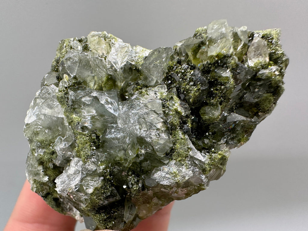 Rare Green Epidote with Quartz Crystals: Sparkly Rainbow Mineral Decor