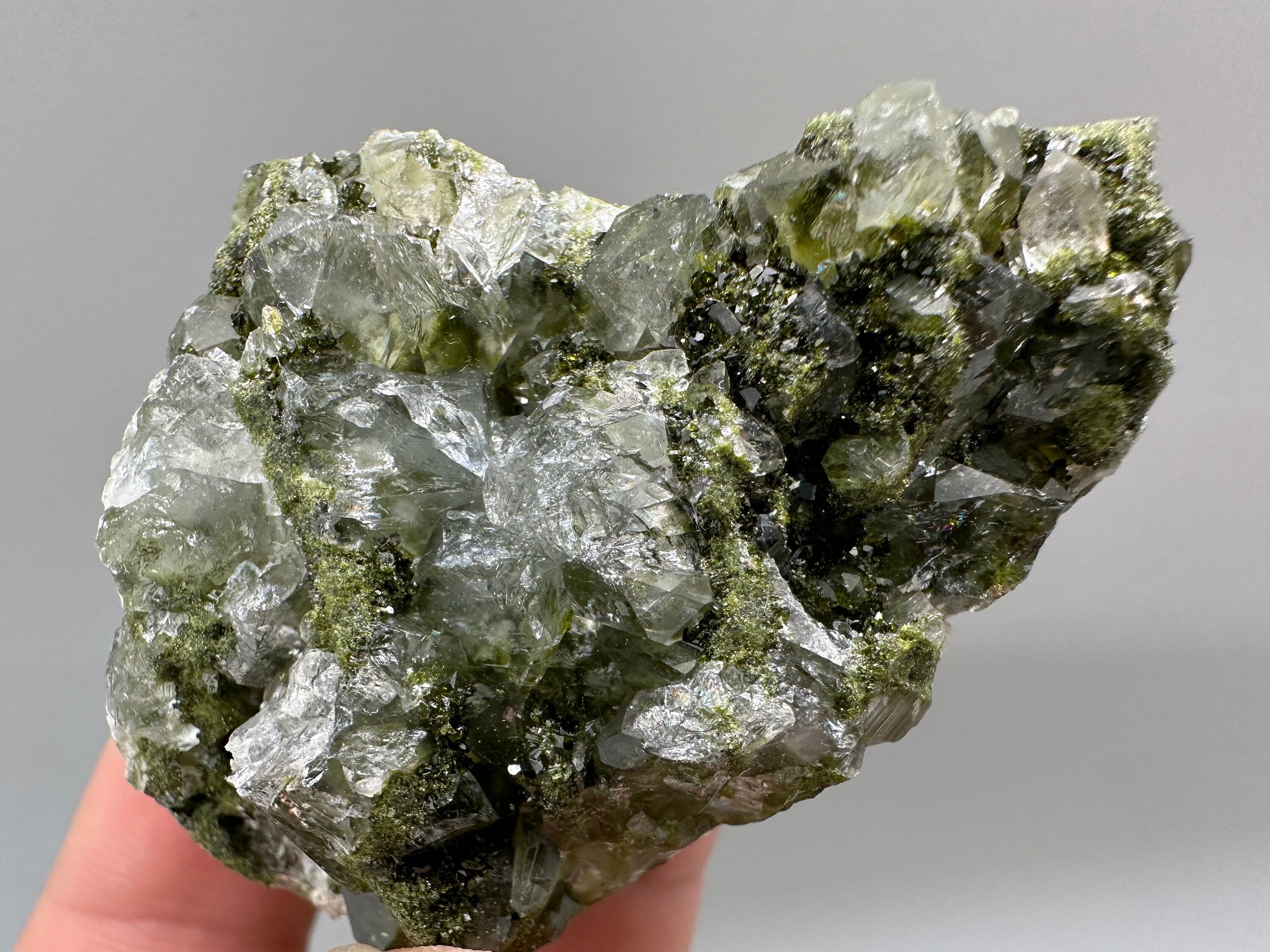 Rare Green Epidote with Quartz Crystals: Sparkly Rainbow Mineral Decor