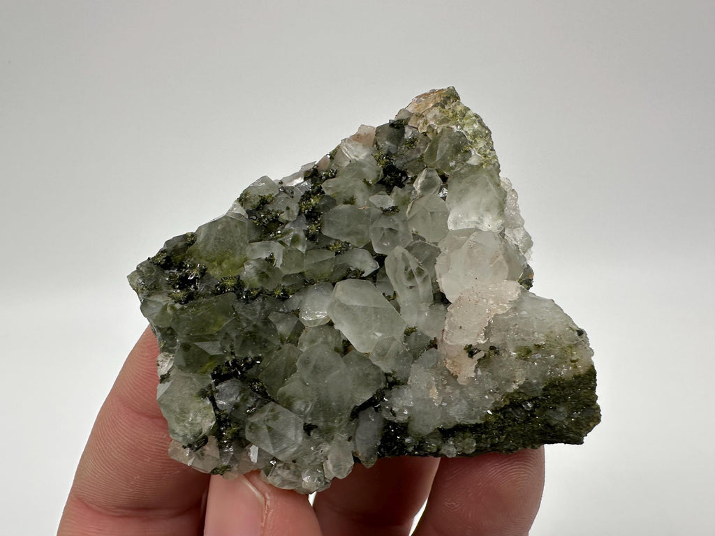 Rare Green Epidote with Quartz Crystals: Sparkly Rainbow Mineral Decor