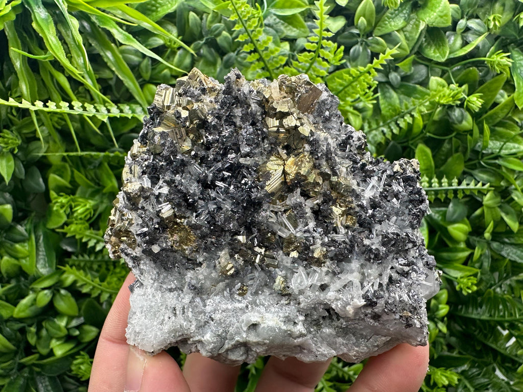 Rainbow Pyrite Cluster on Sphalerite Quartz, Borieva Mine Bulgaria