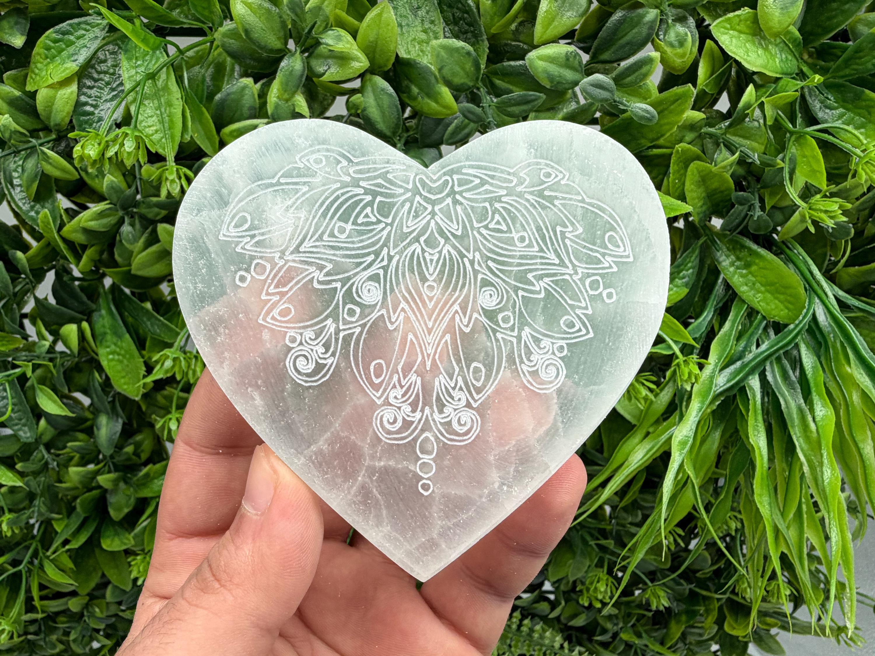 Selenite Heart Charging Plate with Lotus Flower Engraving – Crystal Altar Decor