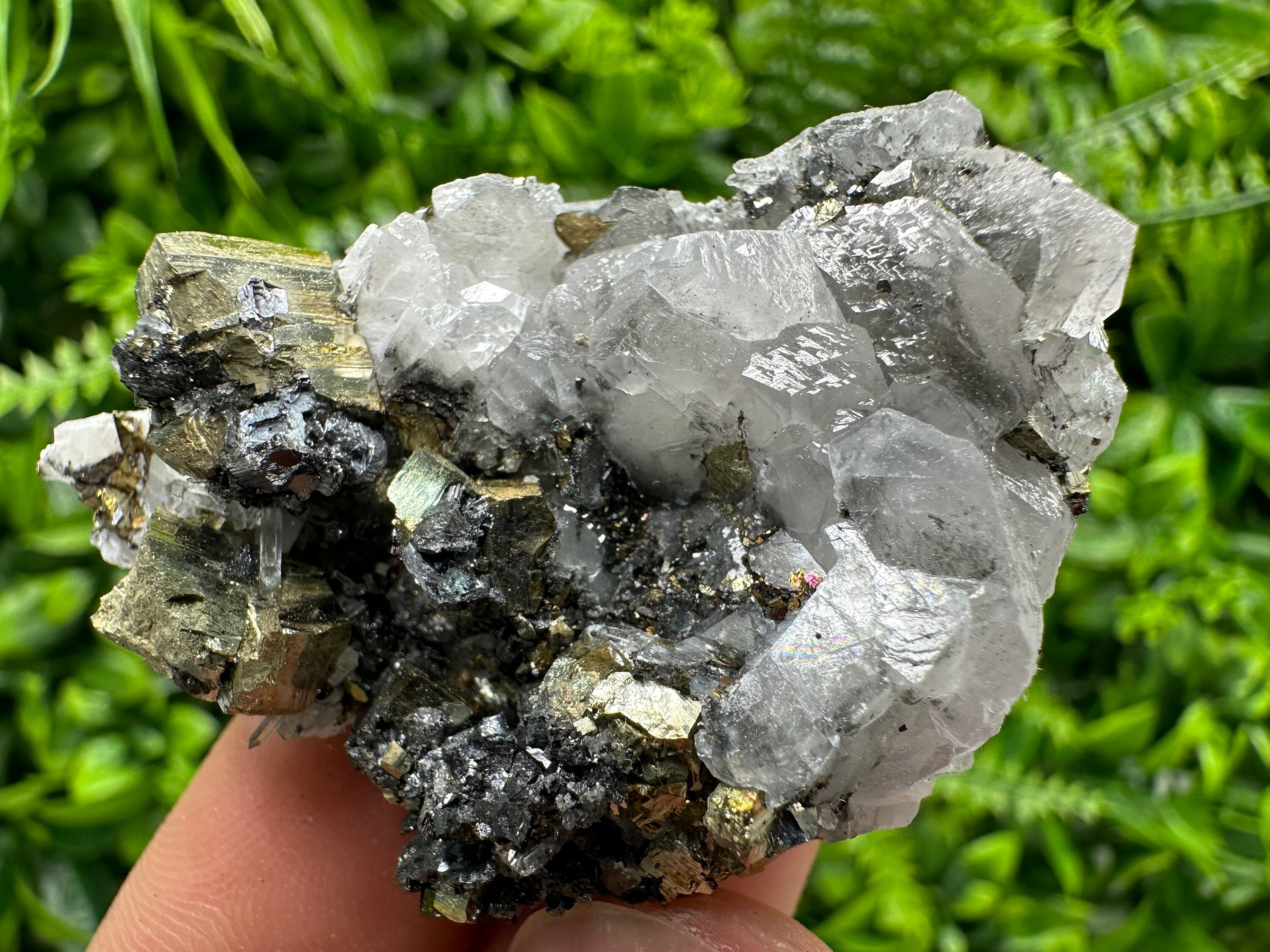 Rainbow Pyrite on Calcite Cluster - Borieva Mine, Bulgaria