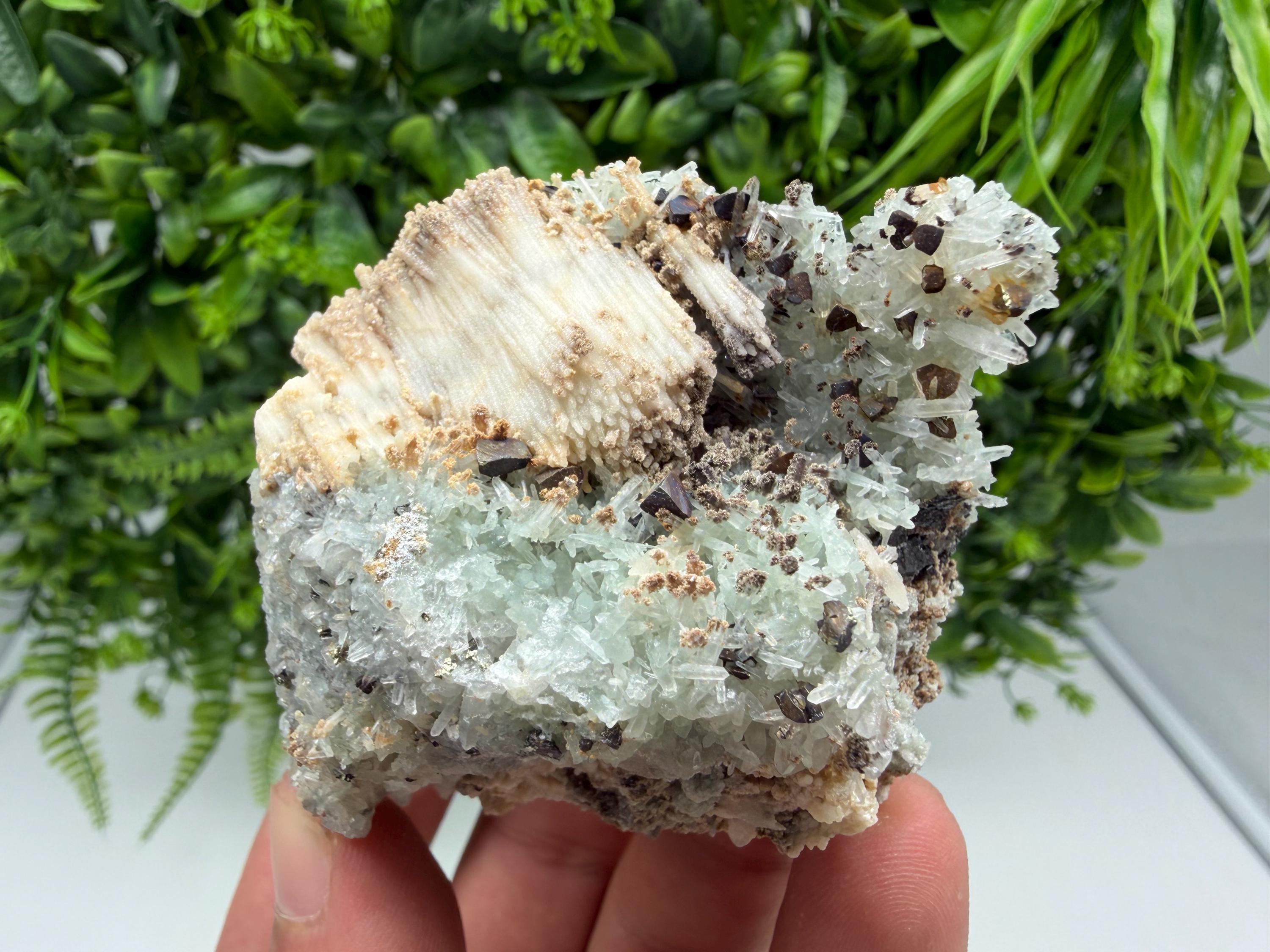 Calcite Chalcopyrite on Green Quartz Mineral Specimen, Bulgaria Collection, Natural Display