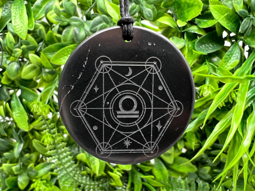 Shungite Libra Zodiac Pendant Necklace: EMF Protection Healing Stone
