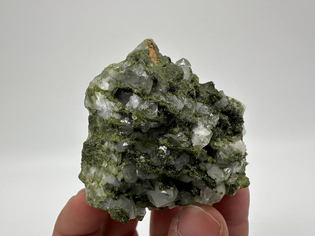 Rare Green Epidote with Quartz Crystals: Sparkly Rainbow Stone Decor