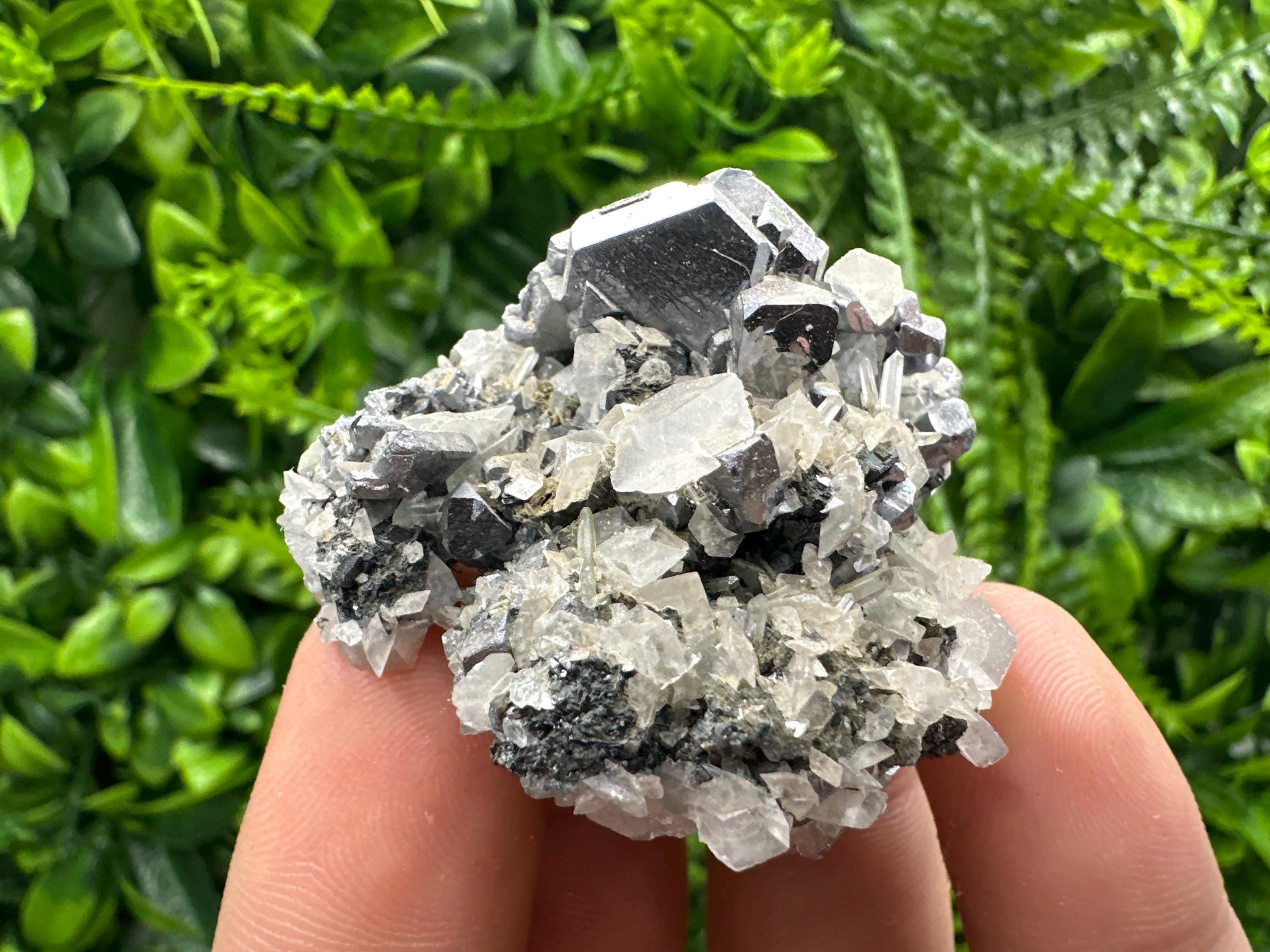 Galena Spinel Law on Quartz with Calcite, Bulgaria Mineral Specimen