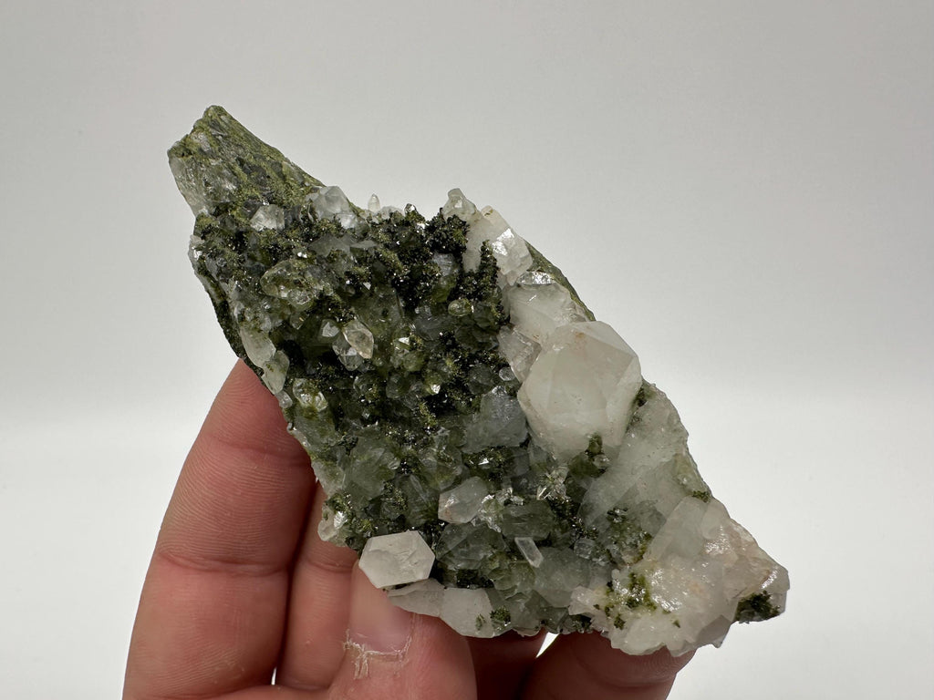 Rare Green Epidote with Quartz Crystals: Sparkly Rainbow Mineral Decor