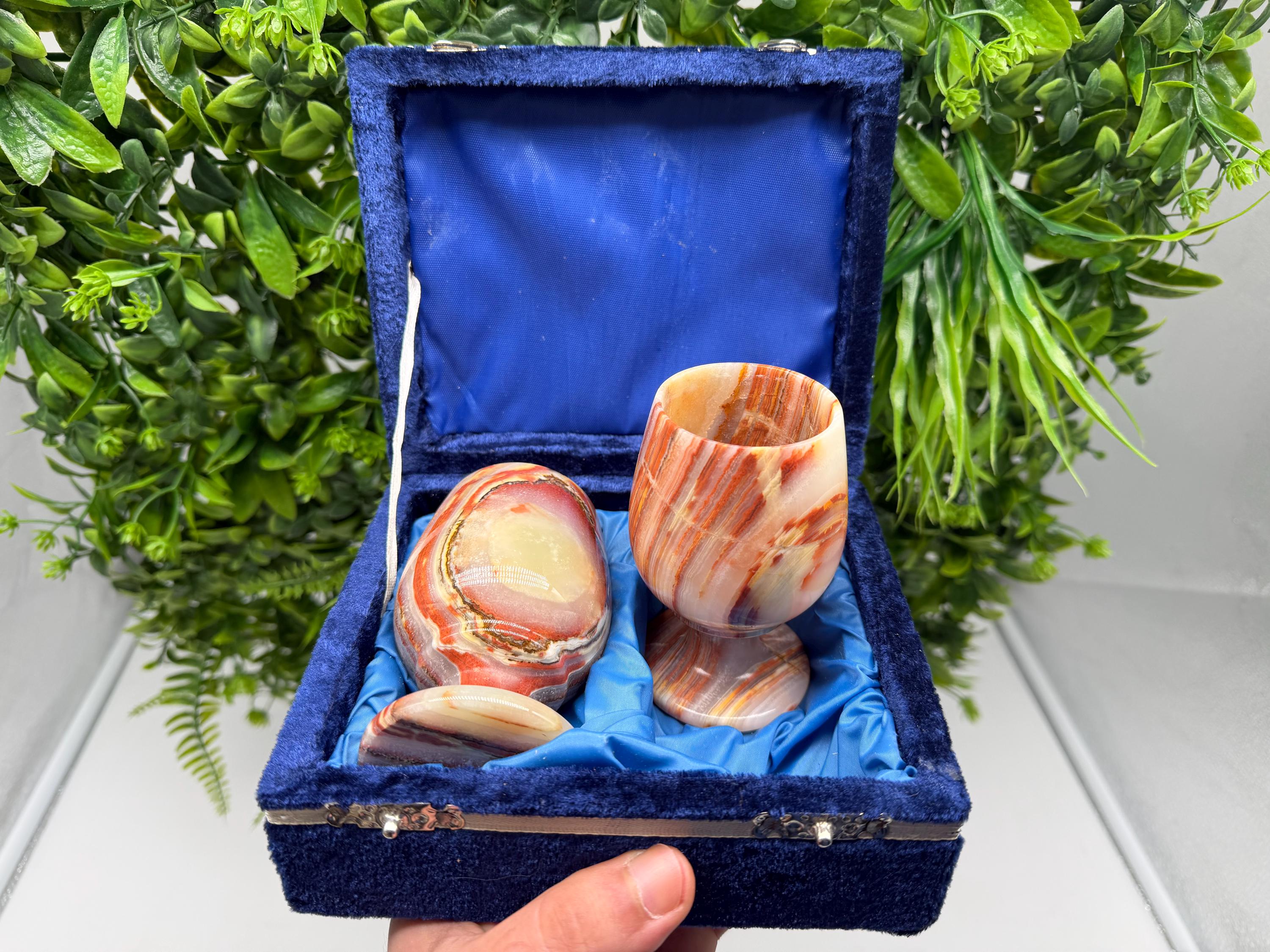 Vintage Natural Onyx Goblet Set: Stone Barware WHIT BOX