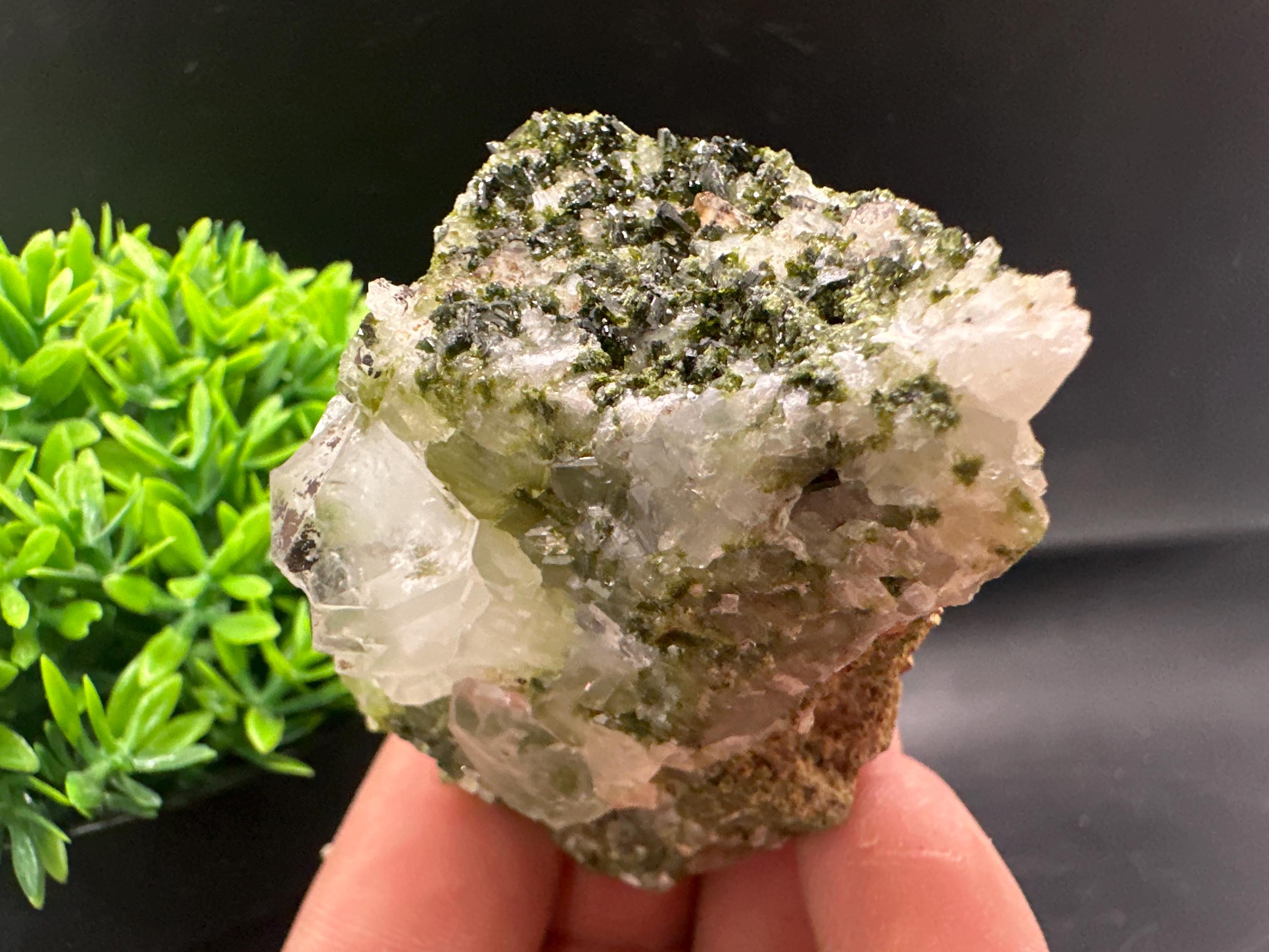 Rare Green Epidote with Quartz Crystals: Sparkly Rainbow Mineral Decor