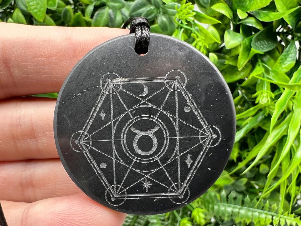 Shungite Taurus Zodiac Pendant Necklace: EMF Protection Healing Stone