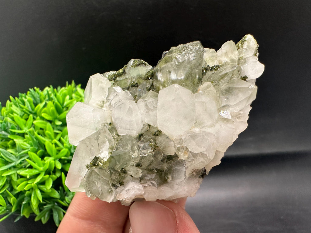 Rare Green Epidote with Quartz Crystals: Sparkly Rainbow Stone Decor